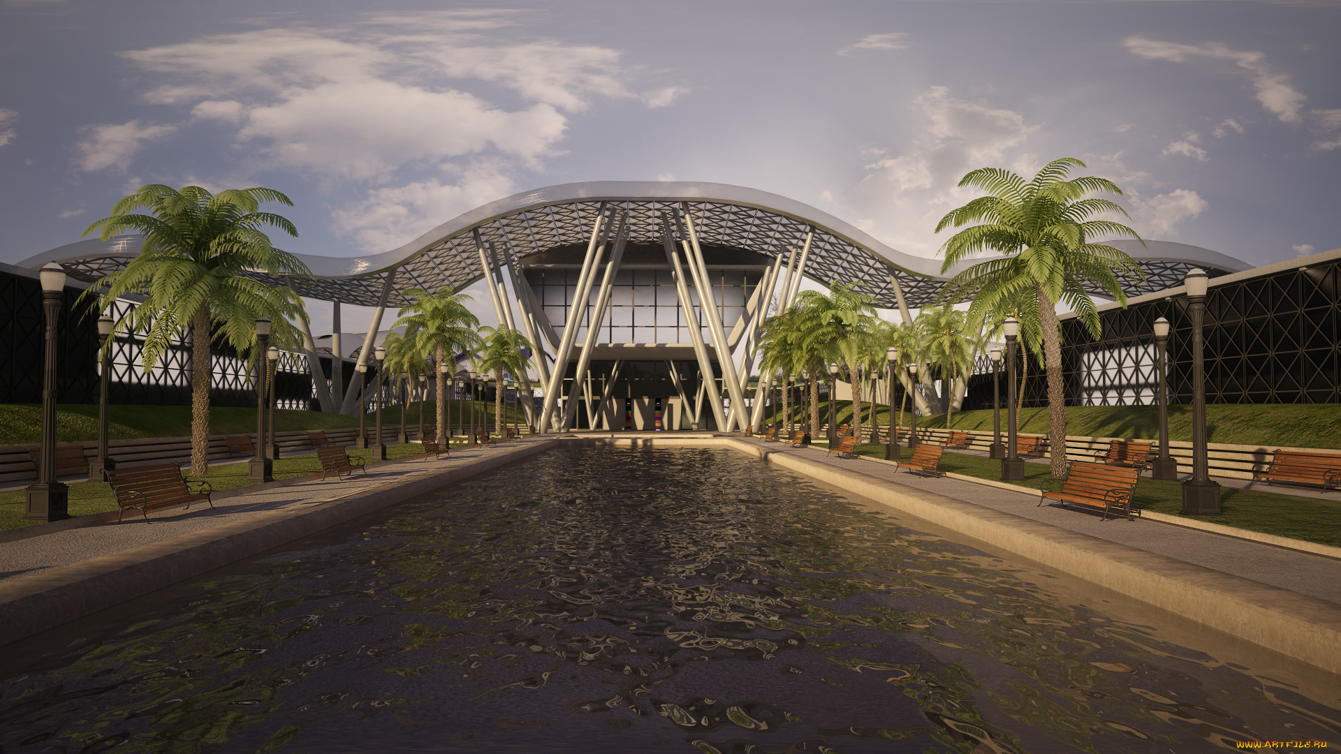 3д, графика, реализм, , realism, облака, небо, бассейн, пальмы