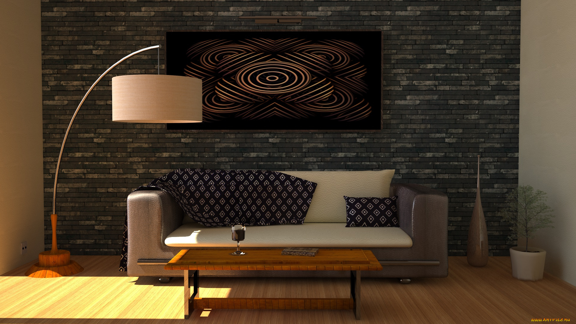 3д, графика, реализм, , realism, столик, вино, светильник, картина, диван, подушки