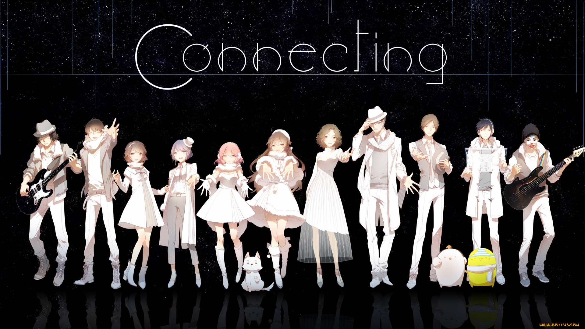 аниме, музыка, rella, арт, ночь, звёздное, небо, гитары, парни, девушки, собака