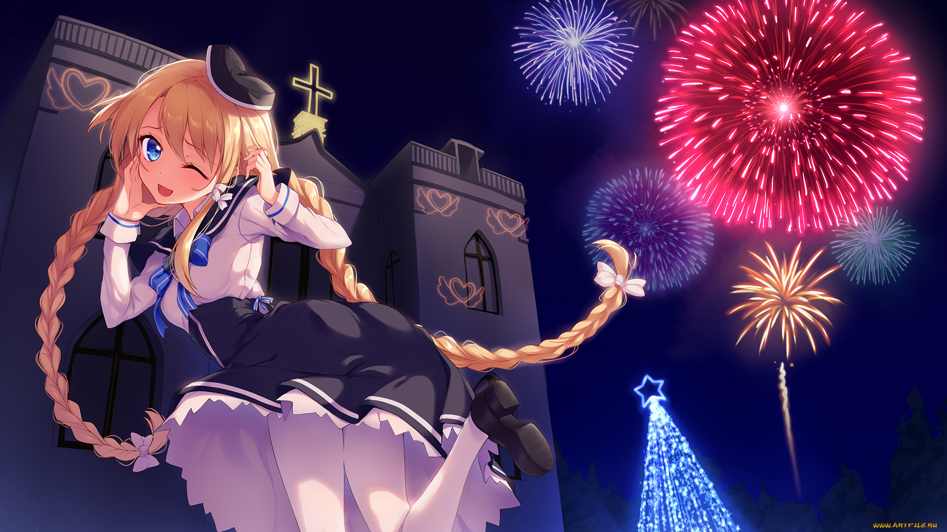 аниме, зима, , новый, год, , рождество, yaguo, арт, девушка, косы, блондинка, салюты, ночь, фейерверк