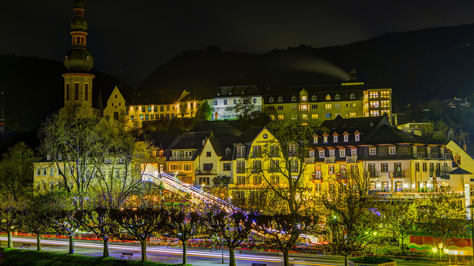 города, кохем, , германия, ночь, дома, cochem, огни