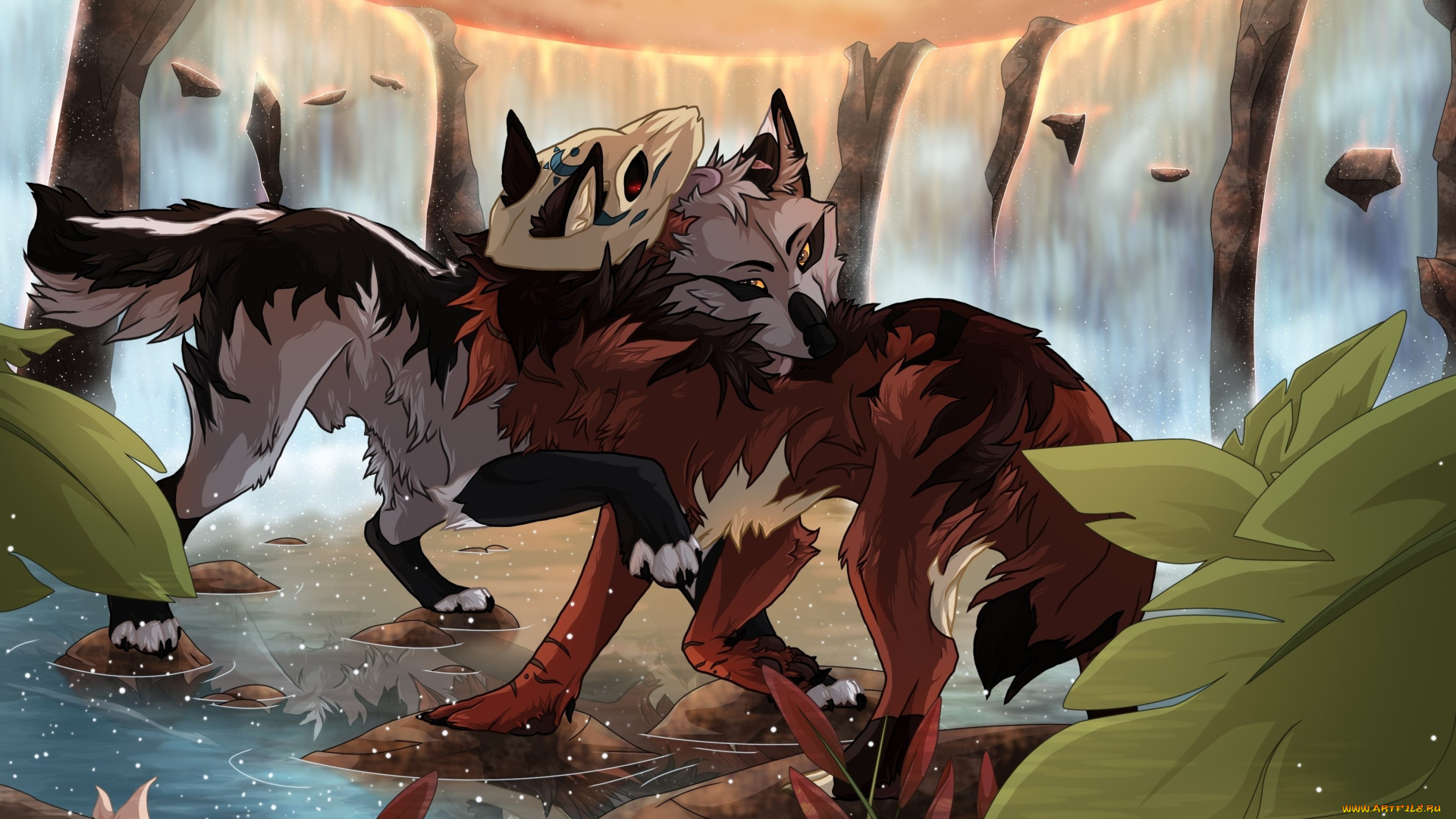 рисованное, животные, , волки, ручей, волки