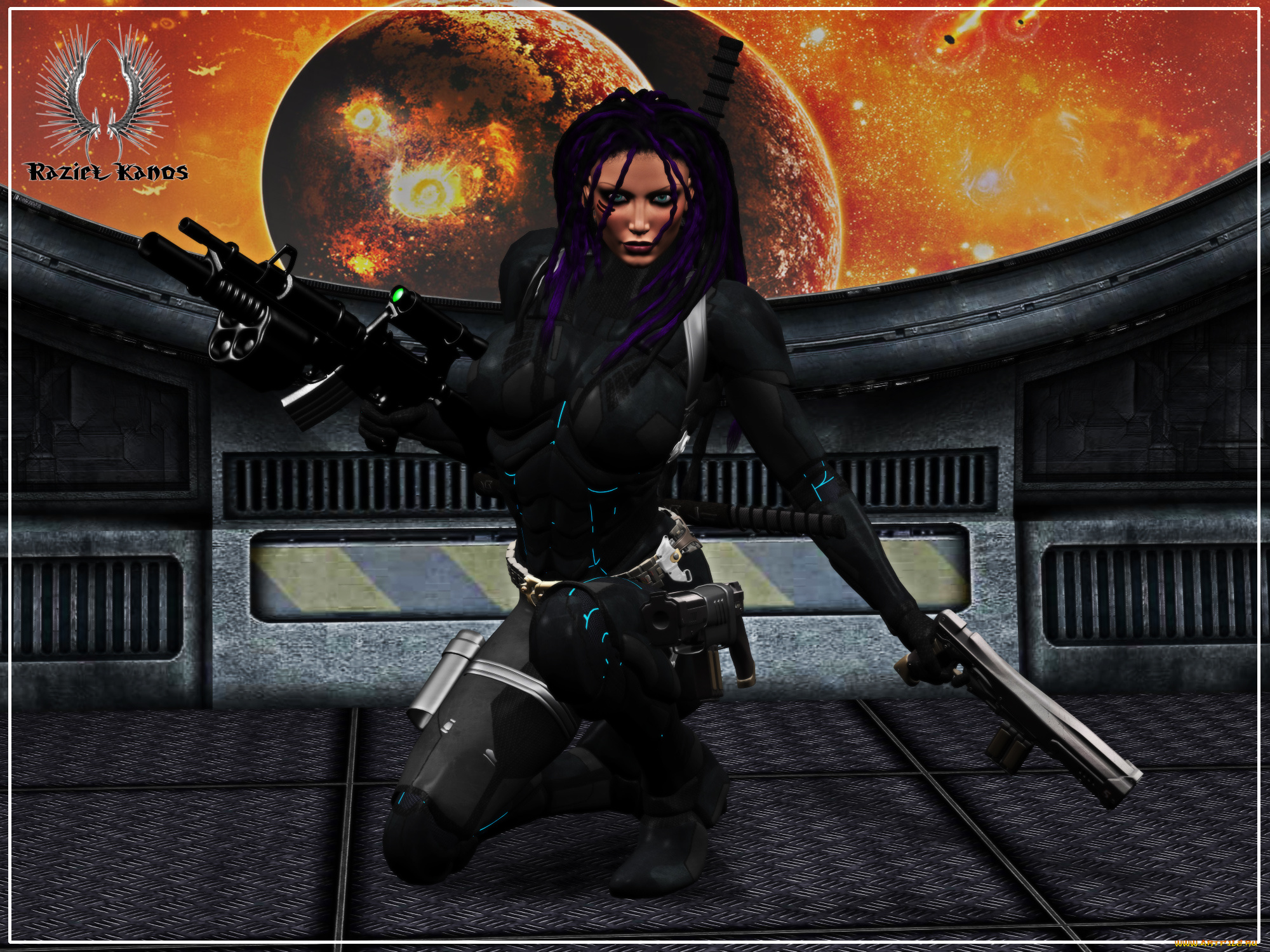 3д, графика, фантазия, , fantasy, взгляд, планеты, фон, оружие, девушка