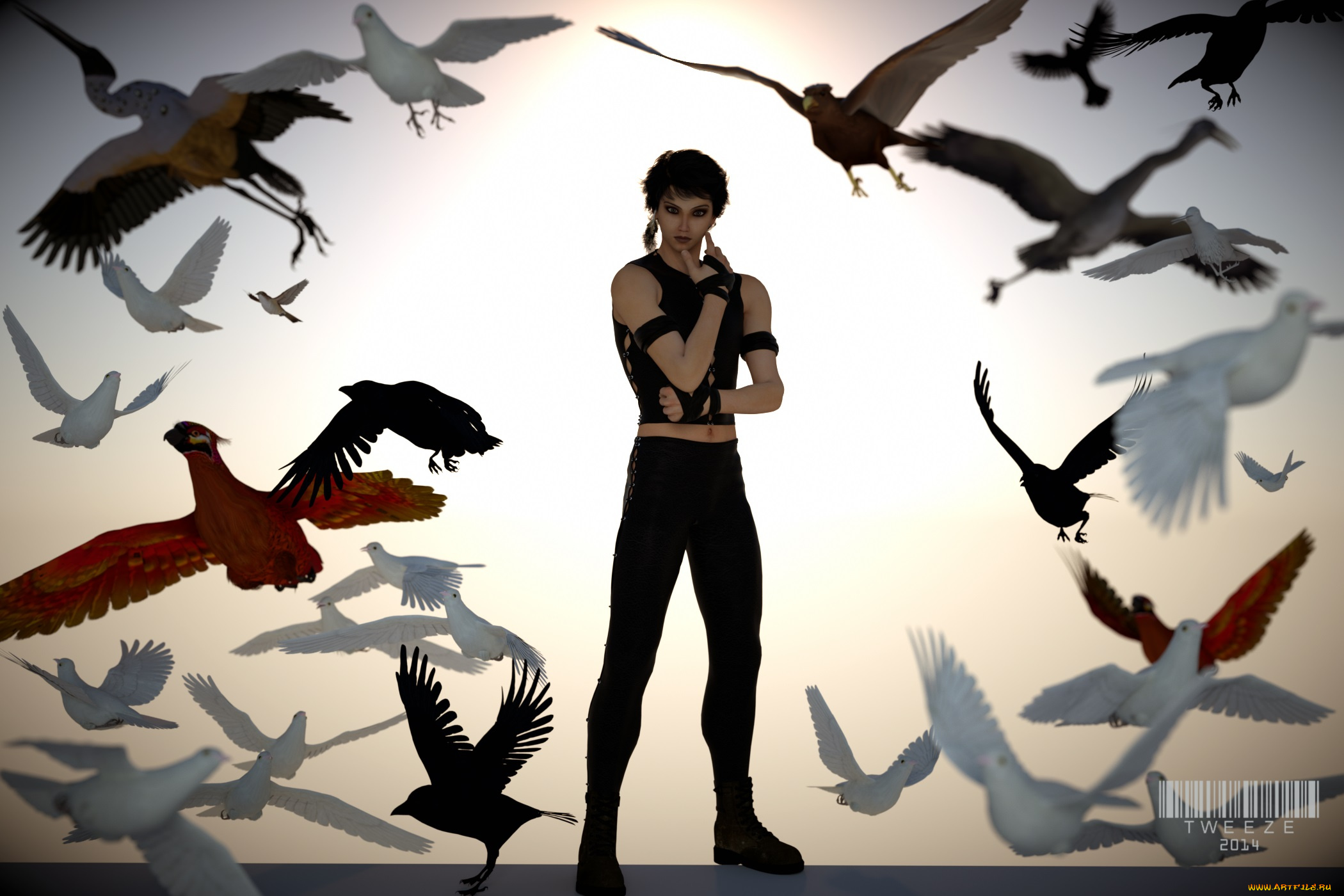 3д, графика, люди, , people, птицы, фон, взгляд, девушка