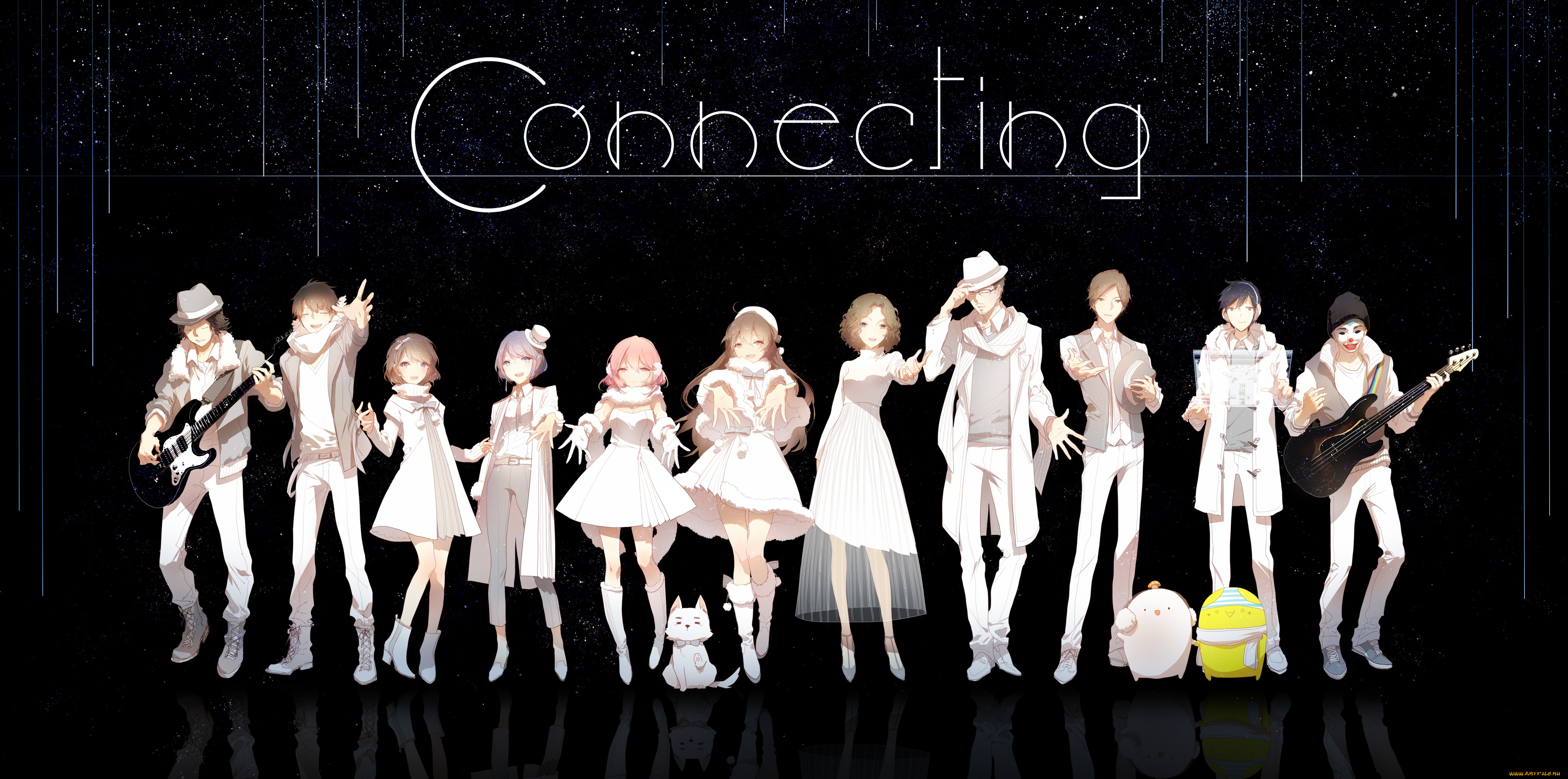 аниме, музыка, rella, арт, ночь, звёздное, небо, гитары, парни, девушки, собака