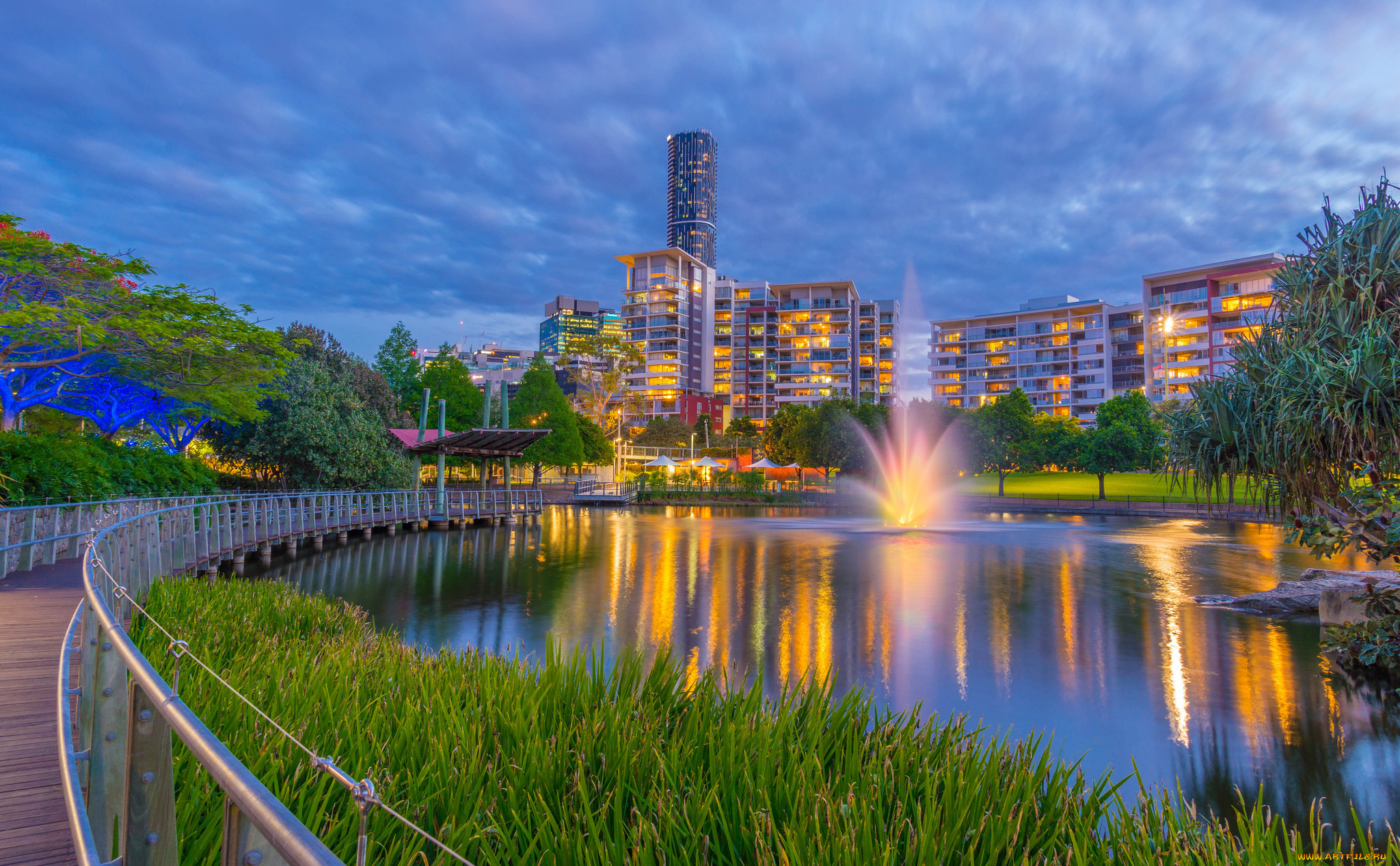 города, -, огни, ночного, города, огни, водоем, парк