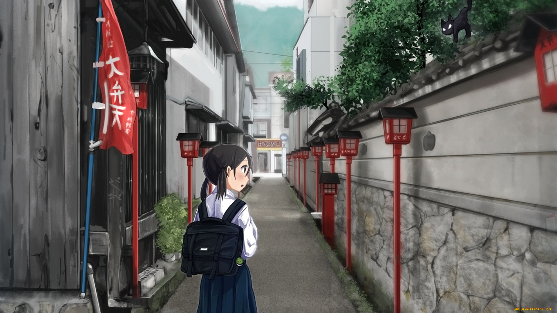 аниме, город, , улицы, , интерьер, , здания, девушка