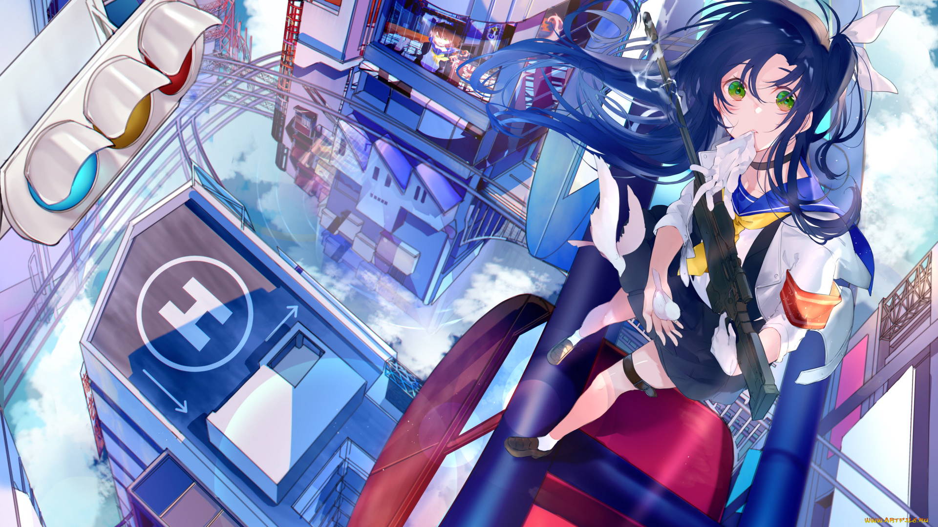 аниме, город, , улицы, , интерьер, , здания, девушка