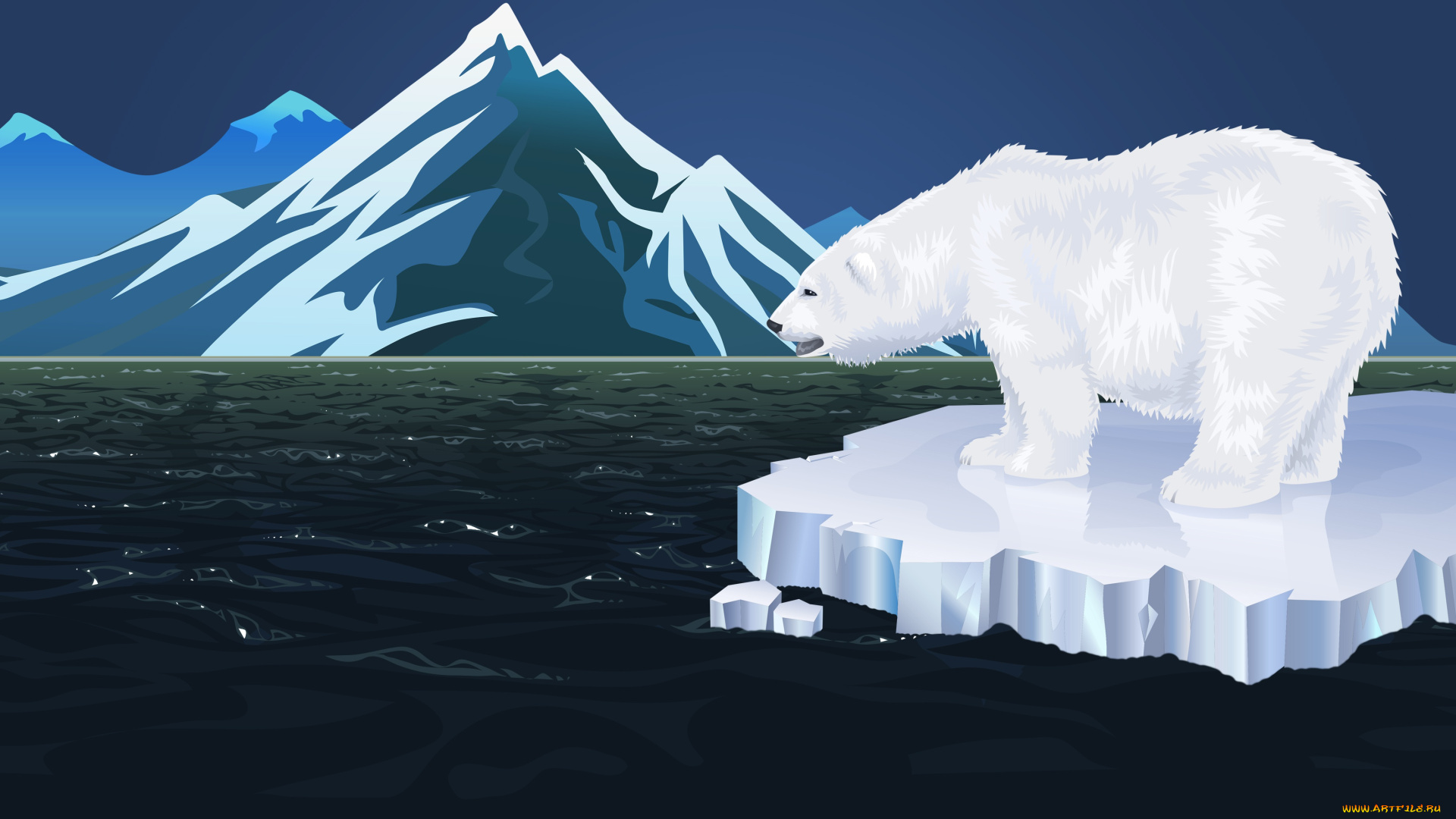 векторная, графика, животные, , animals, белый, медведь, море, фон, горы, полярный, льдина, минимализм