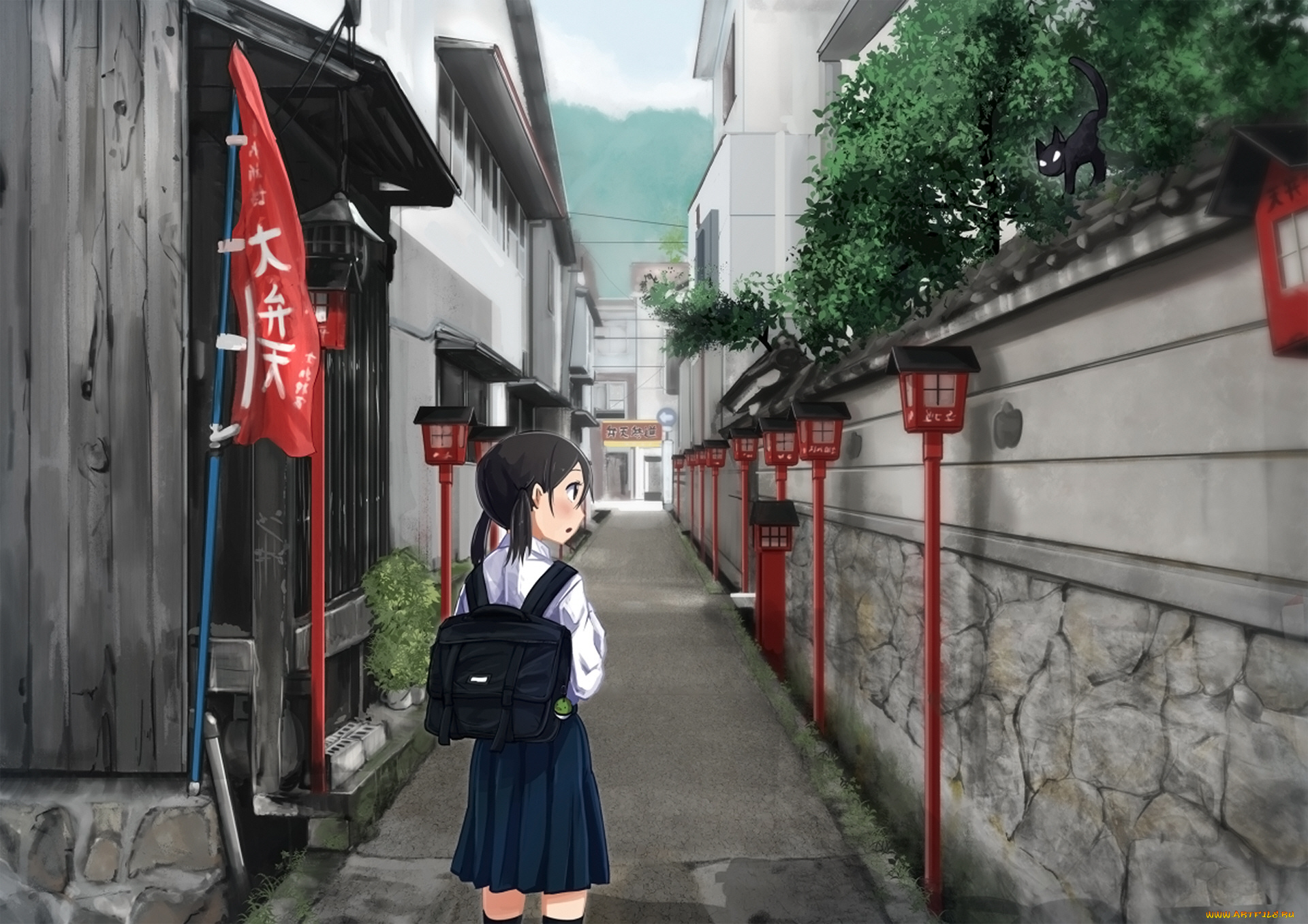 аниме, город, , улицы, , интерьер, , здания, девушка