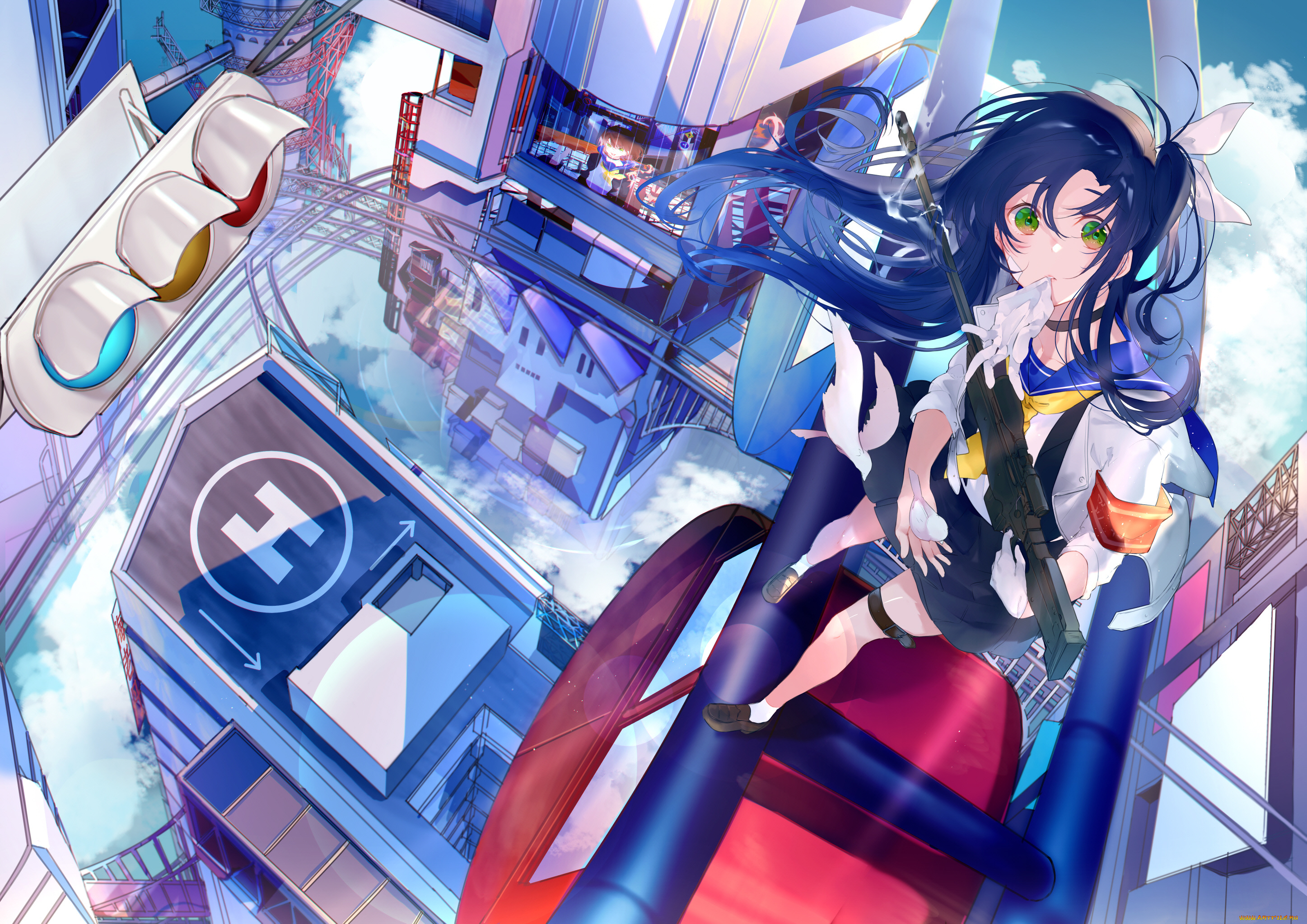 аниме, город, , улицы, , интерьер, , здания, девушка