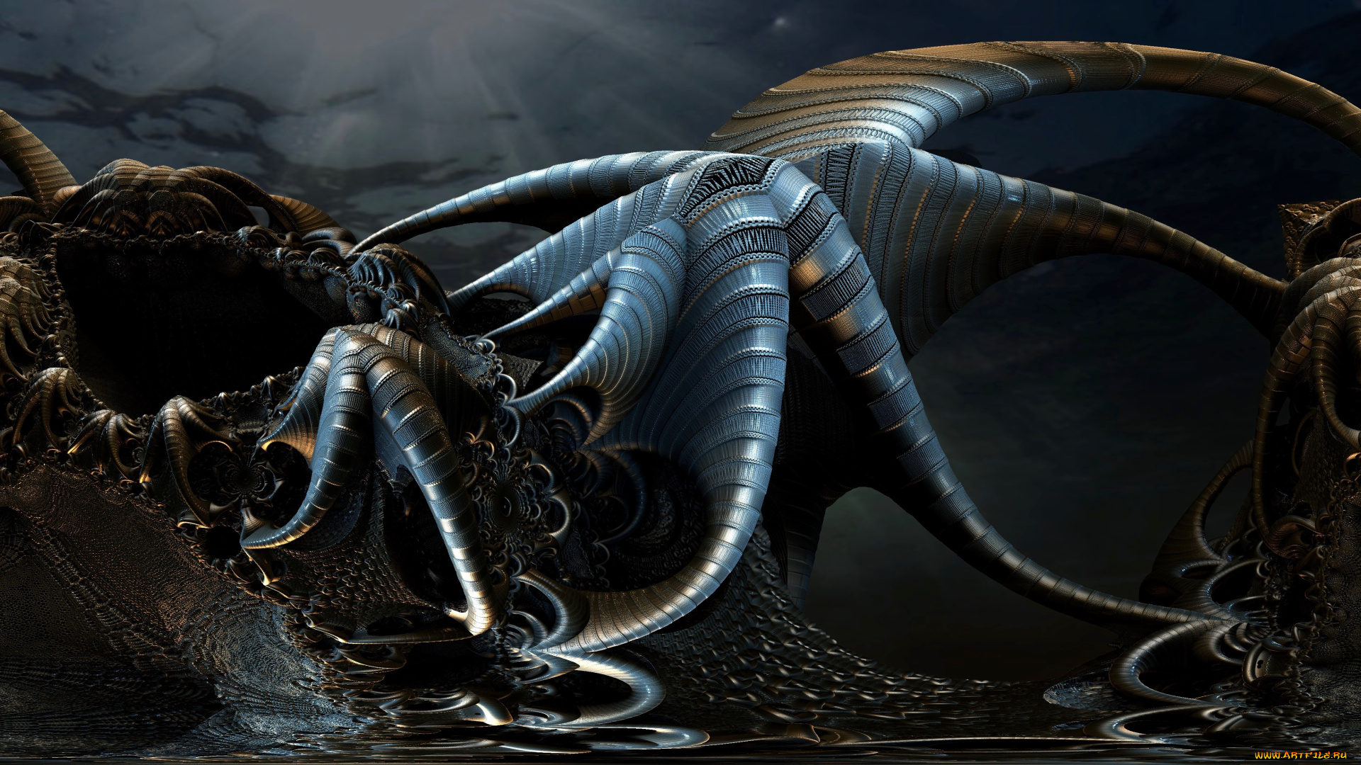 3д, графика, абстракция, , abstract, fractal, блеск, стали, 3d, art, giant, octopus, гигантский, осьминог