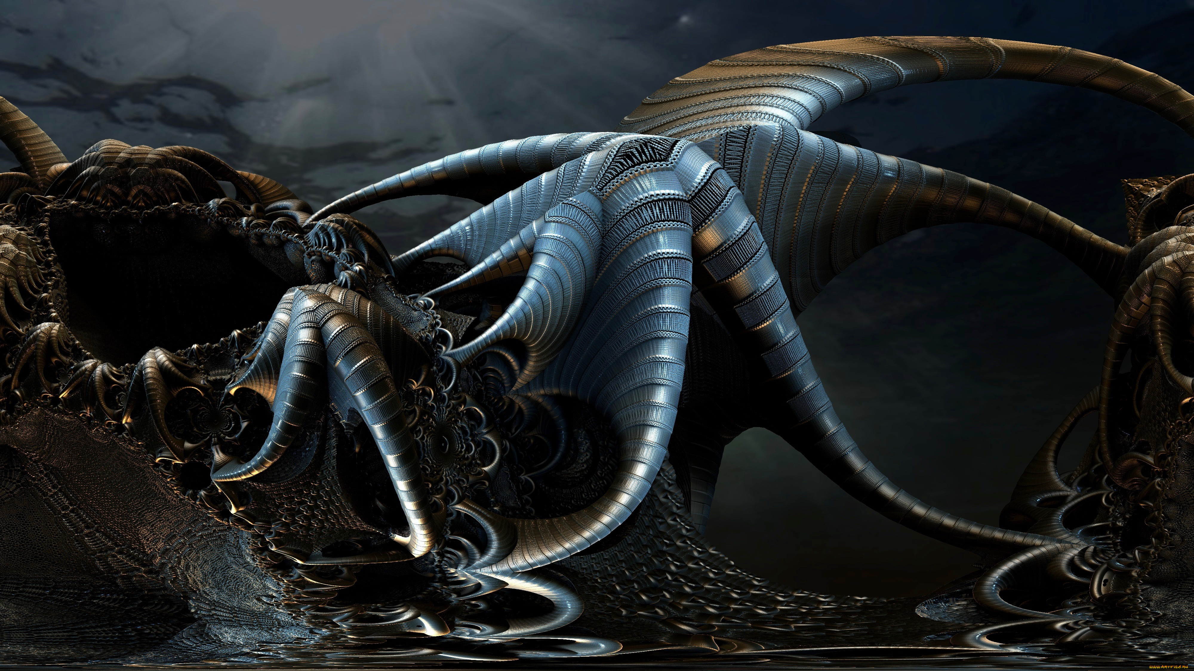 3д, графика, абстракция, , abstract, fractal, блеск, стали, 3d, art, giant, octopus, гигантский, осьминог