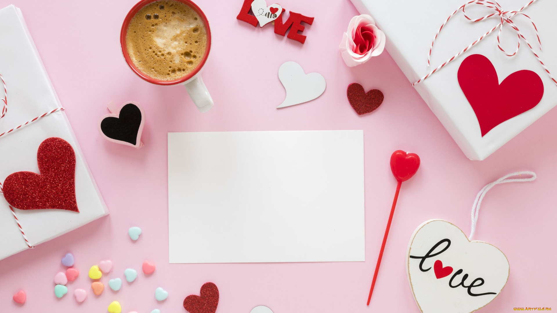 праздничные, день, святого, валентина, , сердечки, , любовь, надпись, подарки, сердечки, кофе