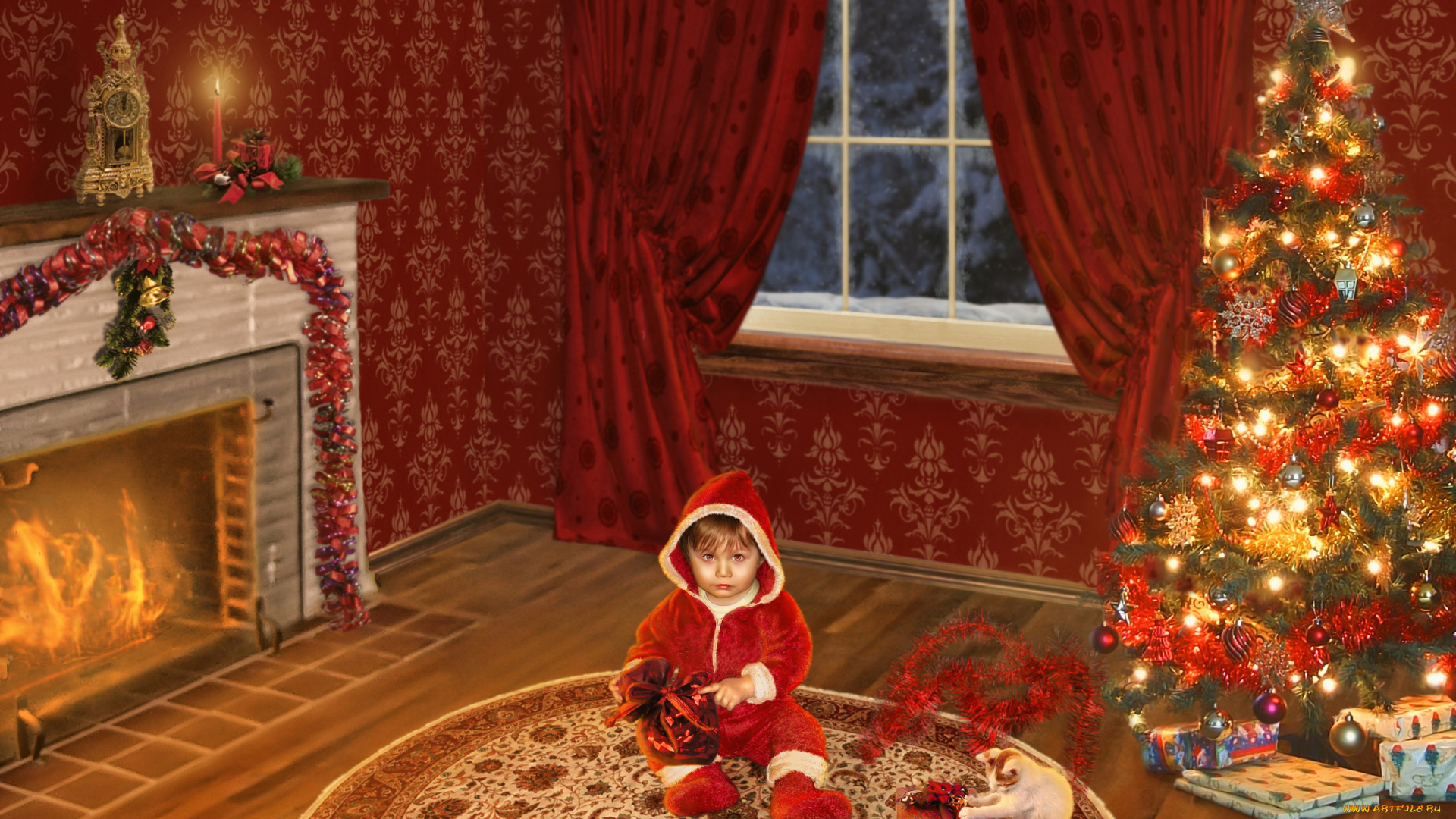 праздничные, новогодний, очаг, елка, ребенок, камин, взгляд, кот, фон