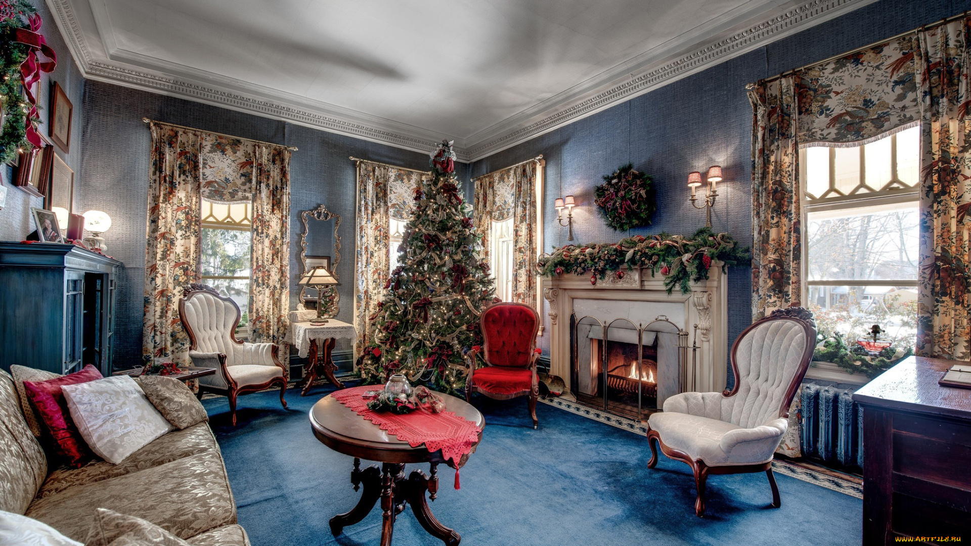 праздничные, новогодний, очаг, венок, гостиная, камин, елка