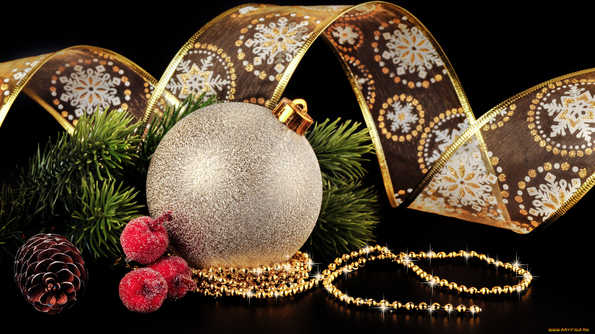 праздничные, украшения, лента, ветка, ёлка, шишка