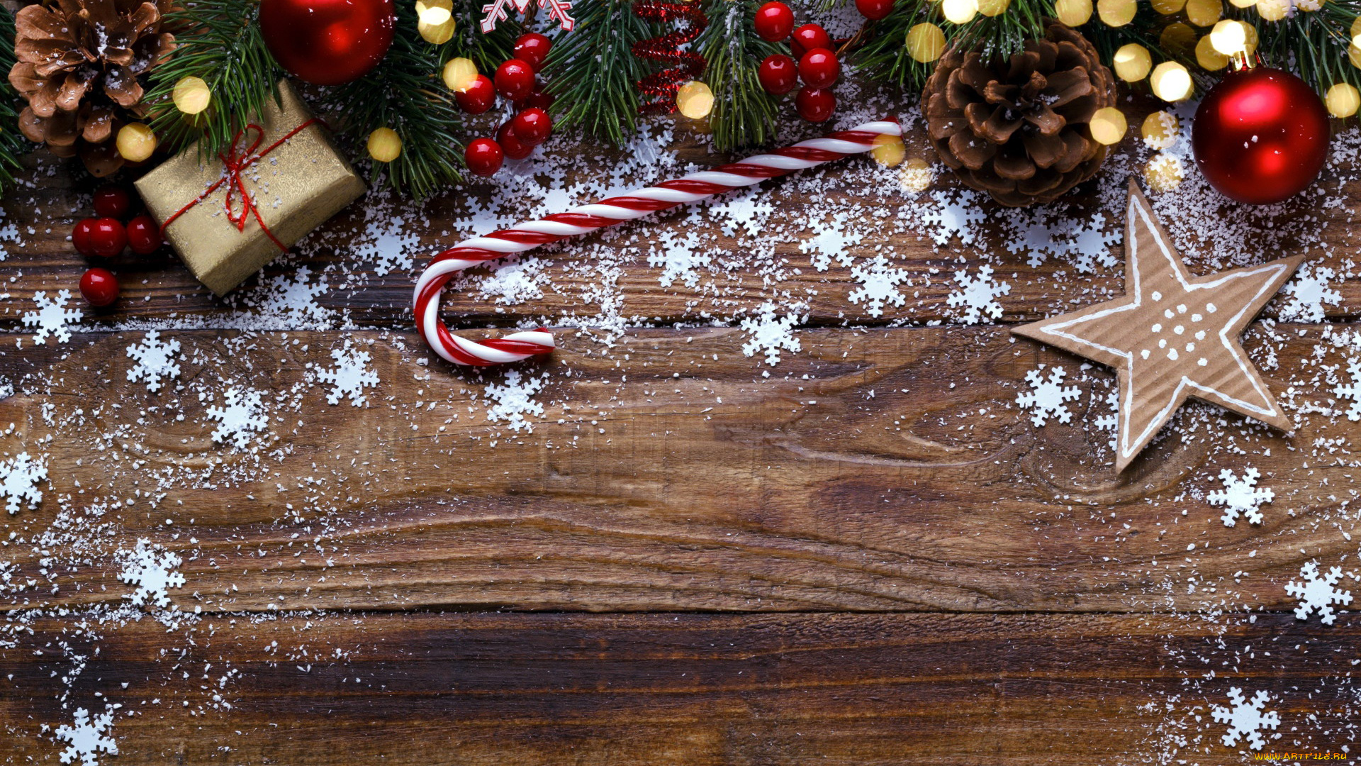 праздничные, украшения, звезда, шишки, ягоды, ёлка, снежинки, блики