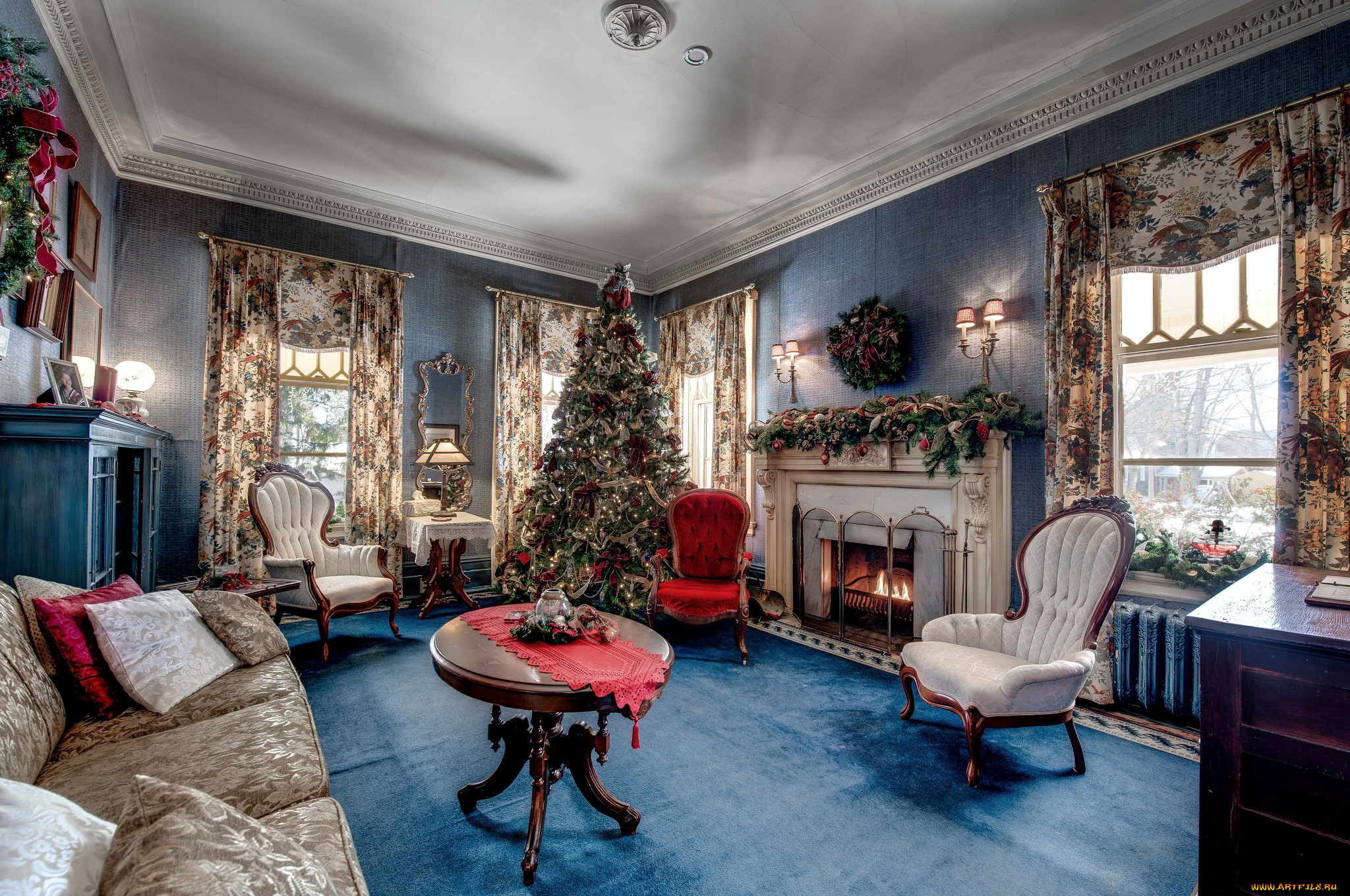 праздничные, новогодний, очаг, венок, гостиная, камин, елка