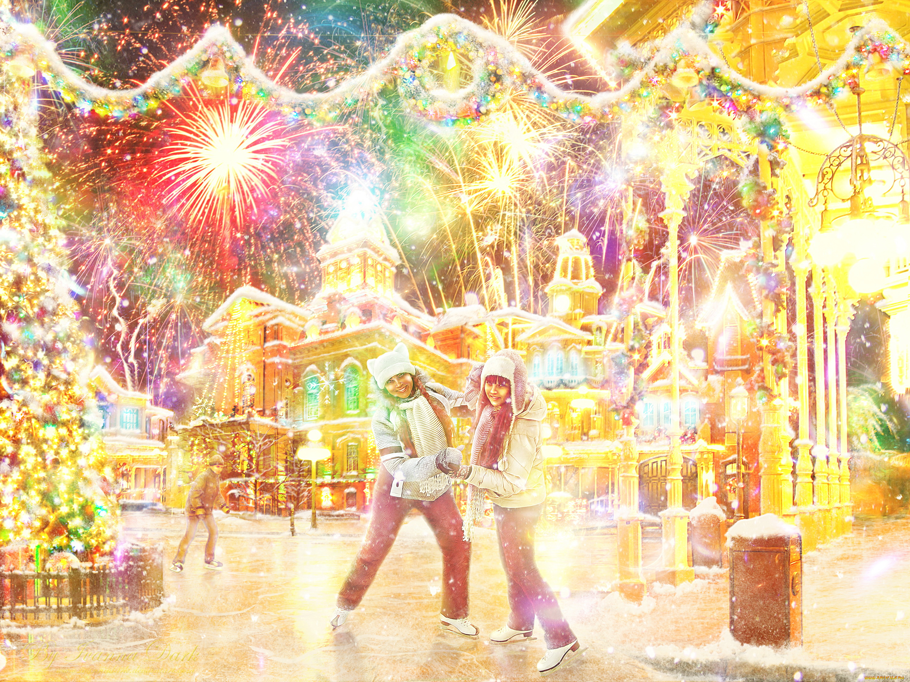 праздничные, новогодние, пейзажи, фон, девушки, улыбка, взгляд, коньки, лед, фейерверк