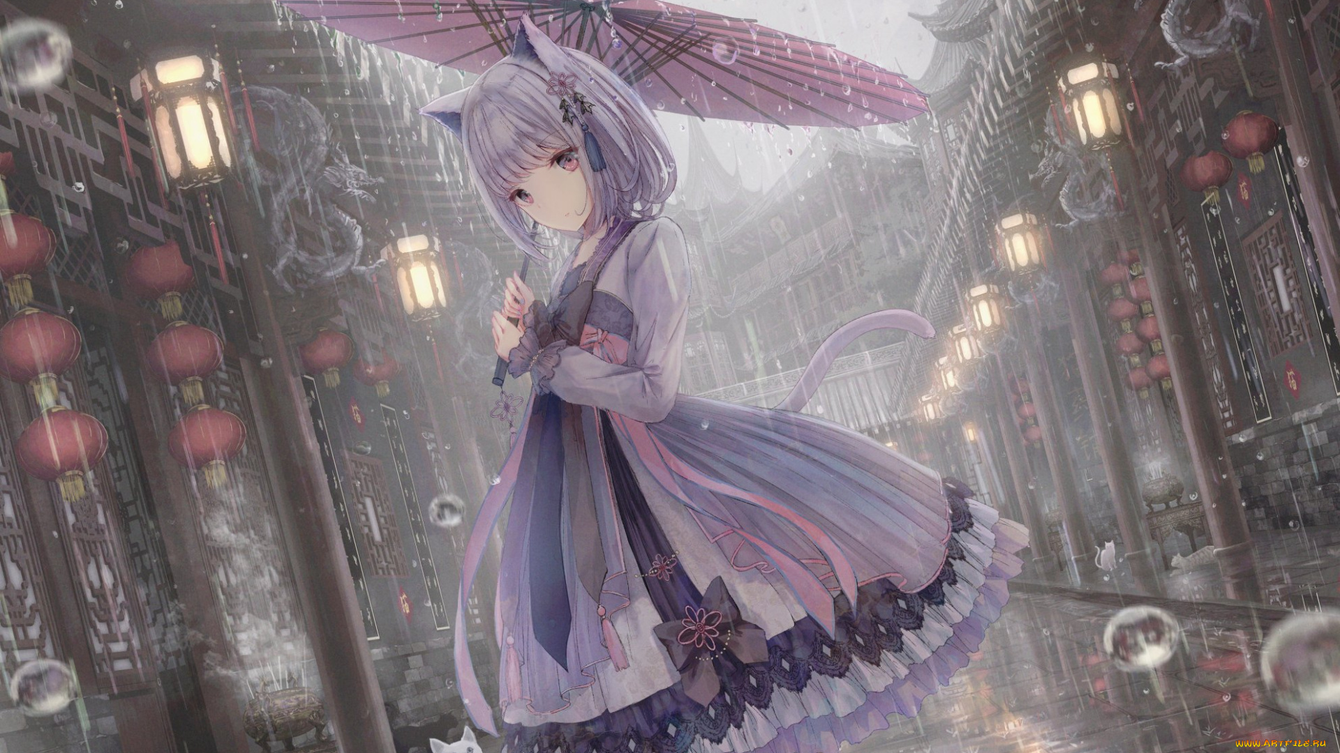 аниме, животные, , существа, девочка, зонт