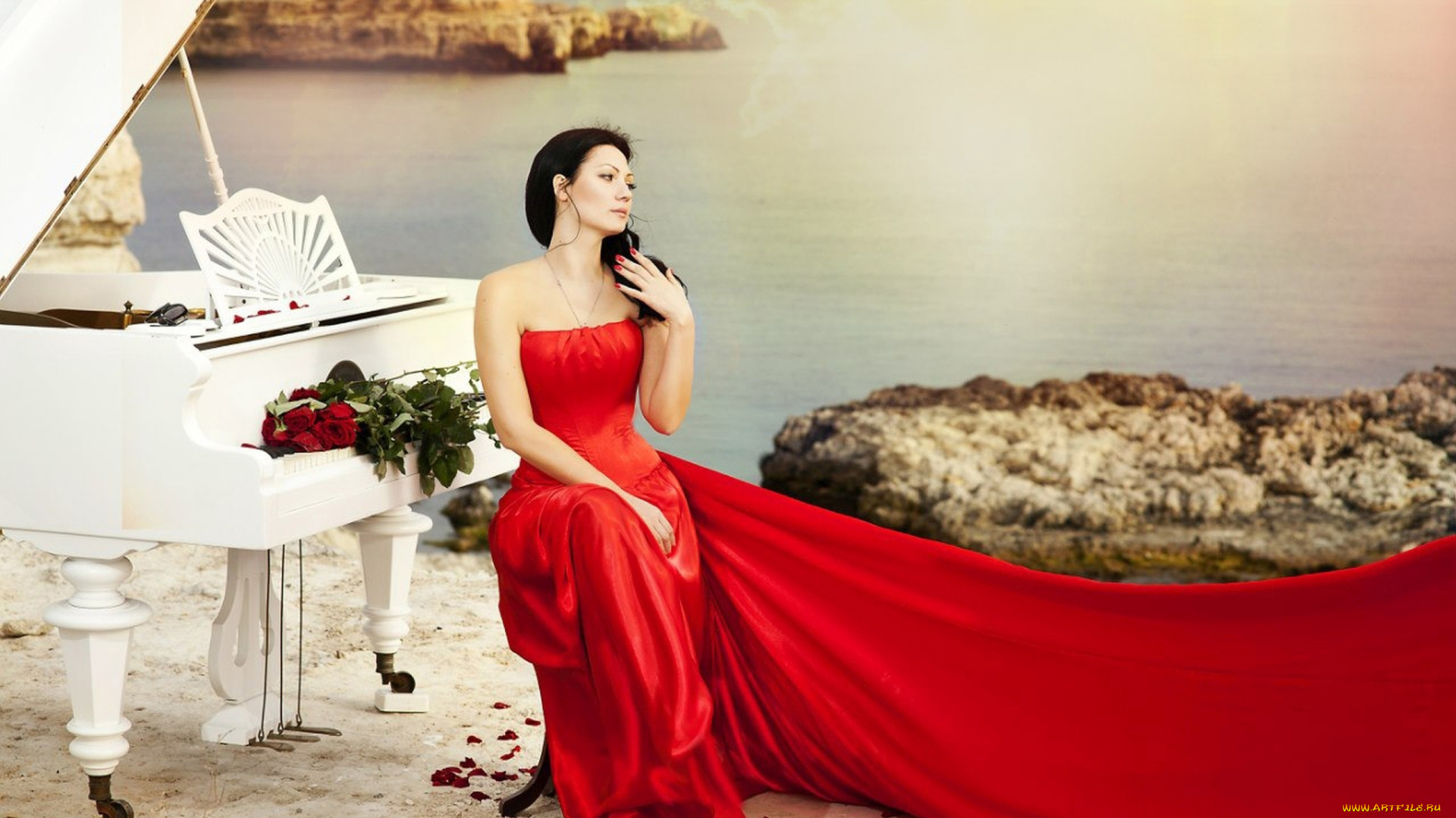 девушки, -, брюнетки, , шатенки, рояль, алое, платье, розы