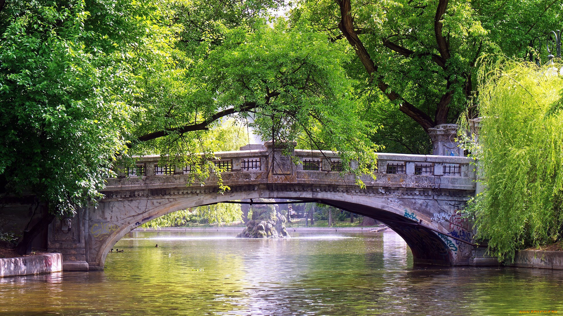 природа, парк, водоем, мостик