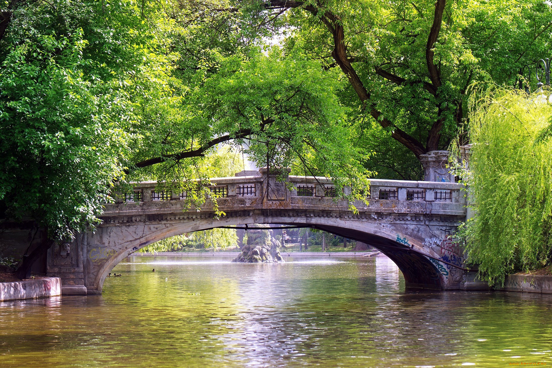 природа, парк, водоем, мостик