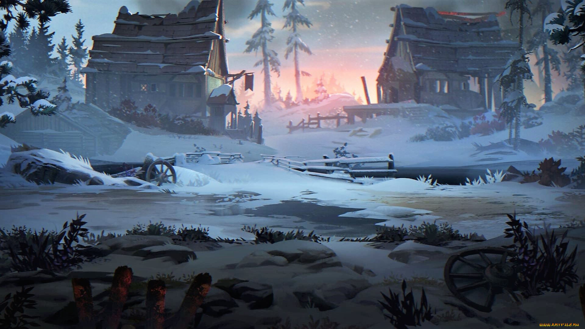 рисованное, города, дома, снег, колеса