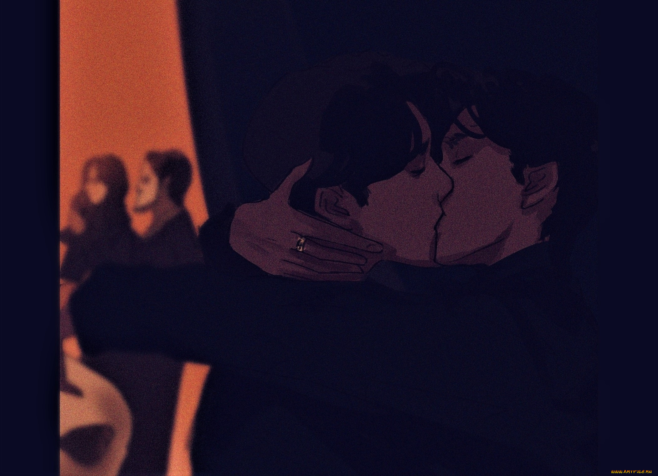 рисованное, люди, поцелуй