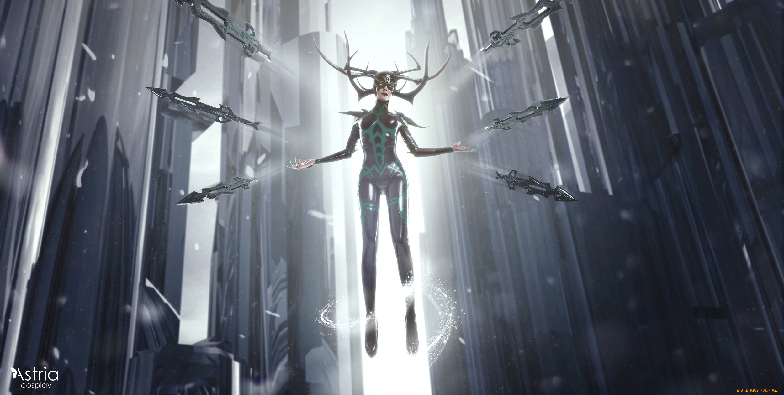 девушки, -, креатив, , косплей, рога, костюм, оружие