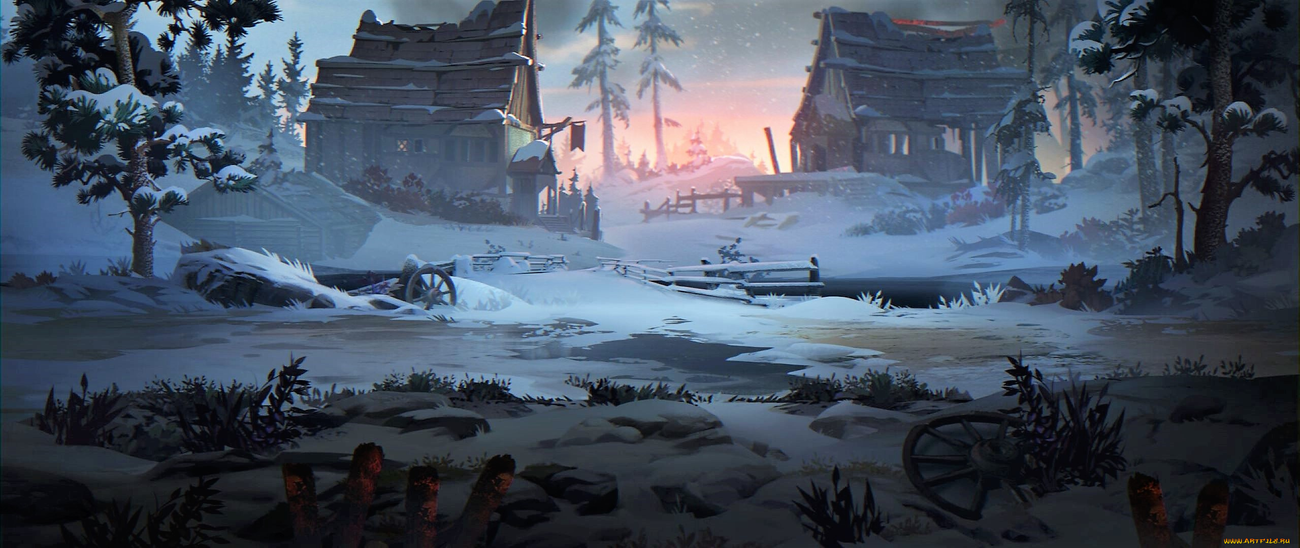 рисованное, города, дома, снег, колеса