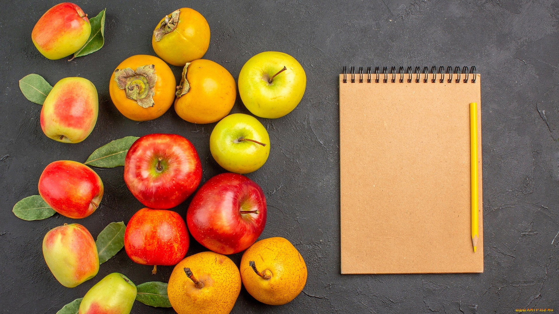 еда, фрукты, , ягоды, блокнот, яблоки, хурма