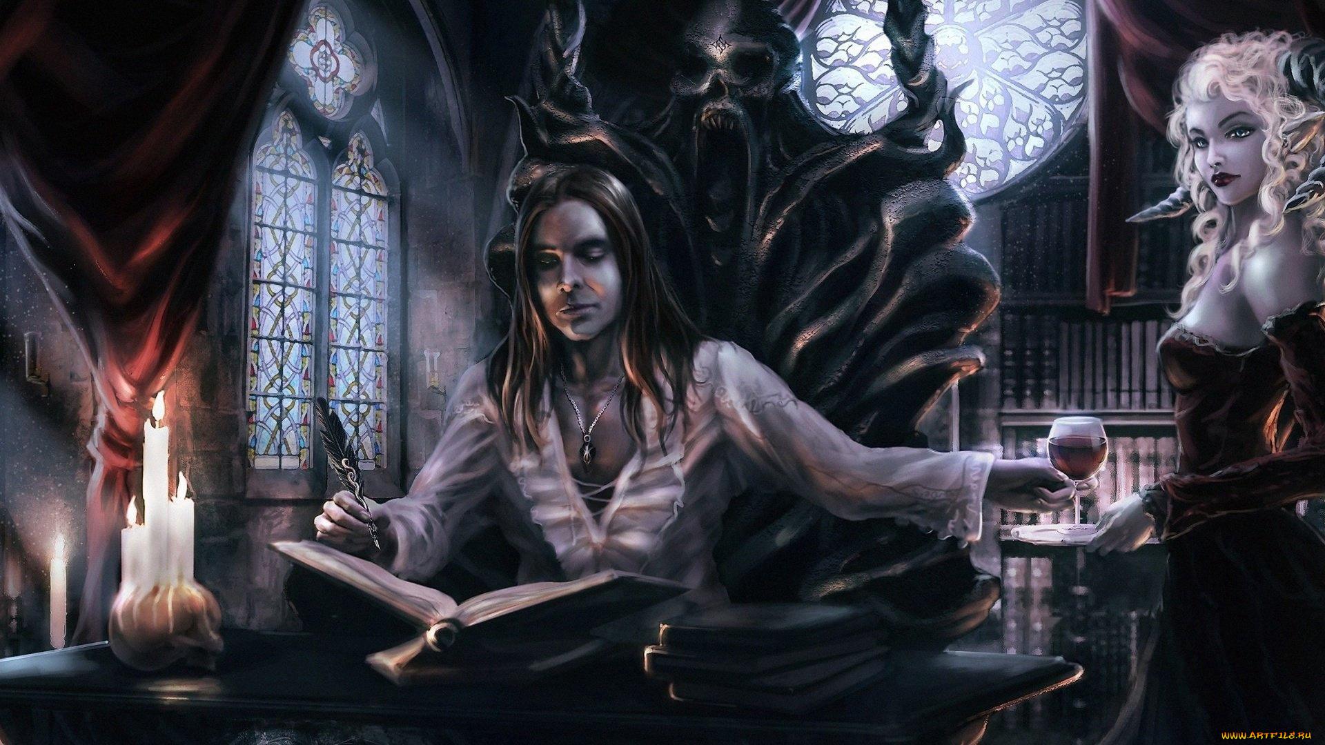 фэнтези, маги, , волшебники, маг, трон, бокал, книга, свечи, демонесса