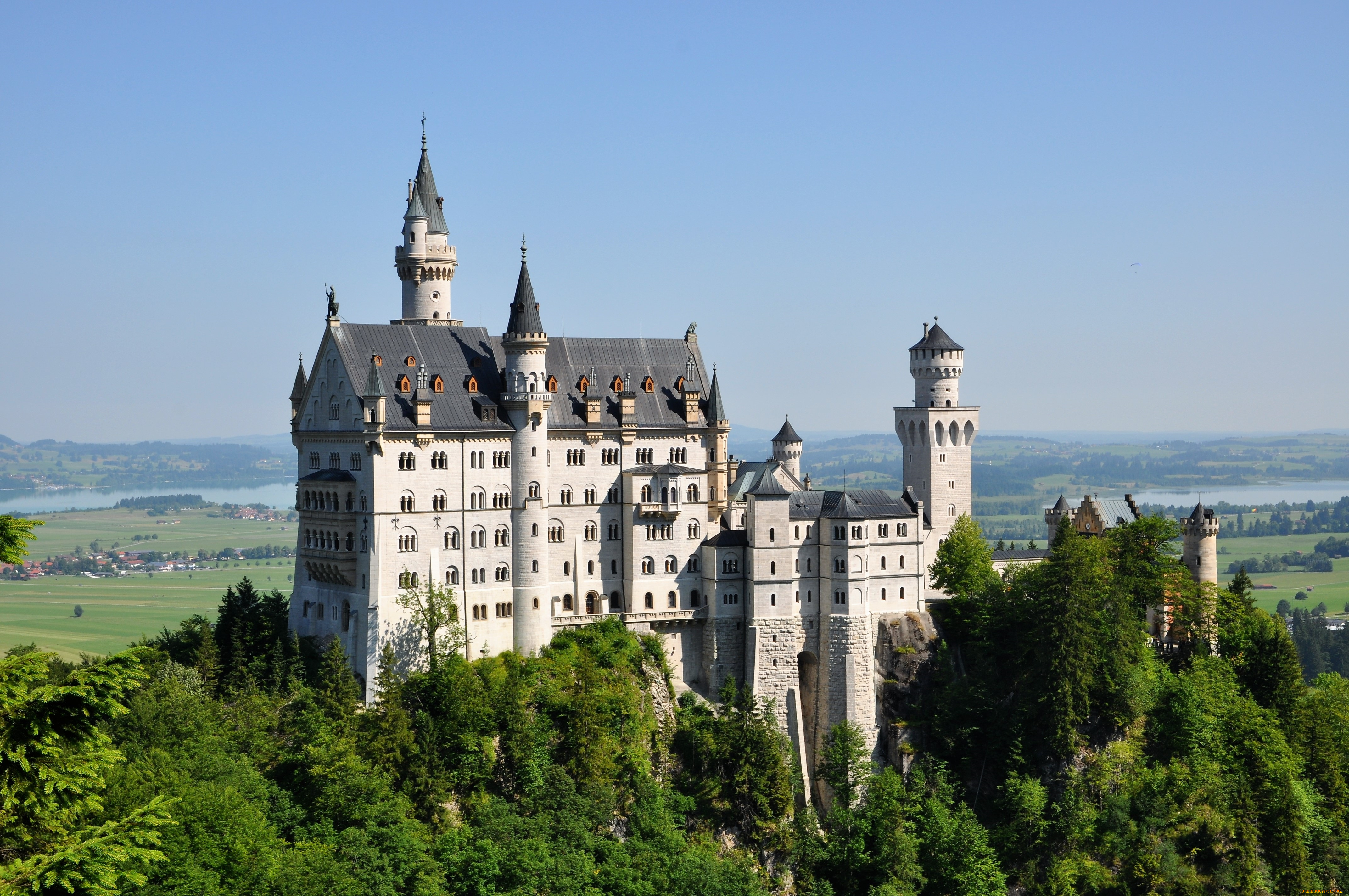 города, замок, нойшванштайн, , германия, замок, гора, лес, панорама