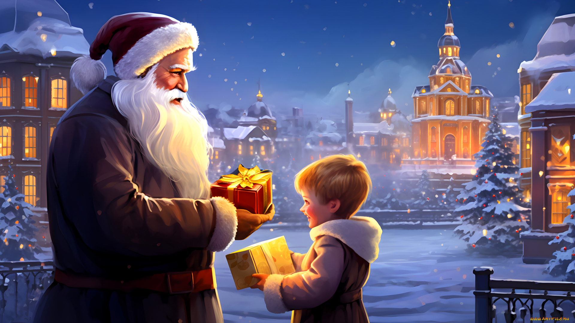 праздничные, дед, мороз, , санта, клаус, санта, клаус, дед, мороз, подарки, мальчик, здания, снег