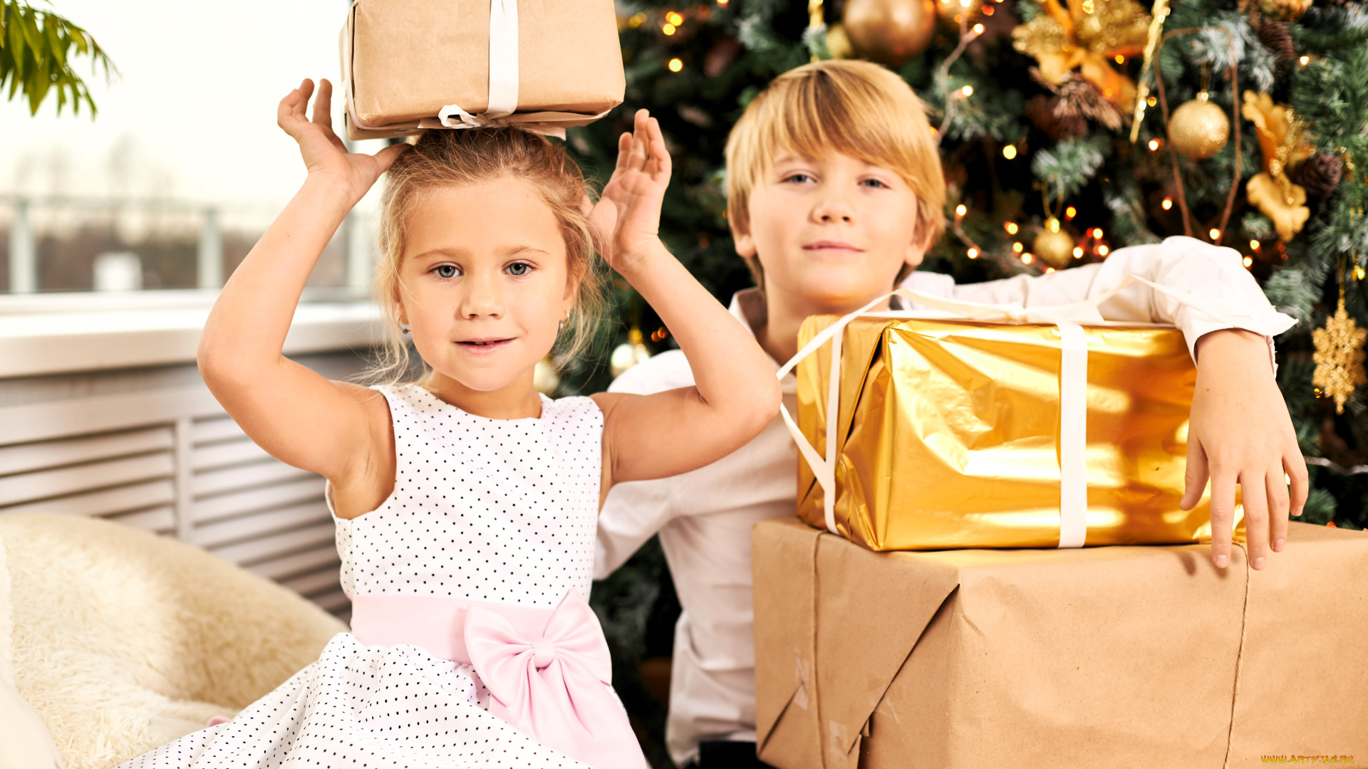 разное, дети, девочка, мальчик, подарки, ёлка