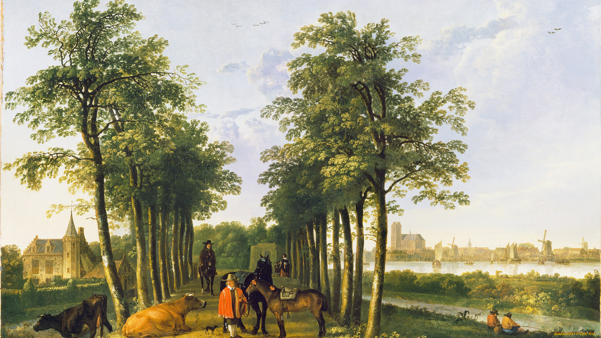 рисованное, aelbert, cuyp, холст, масло, aelbert, cuyp, пейзаж, люди, животные, живопись, художественное, произведение, маслом, деревья, облака, лошадь, небо, трава, корова, шляпа, мужчины, в, шляпах