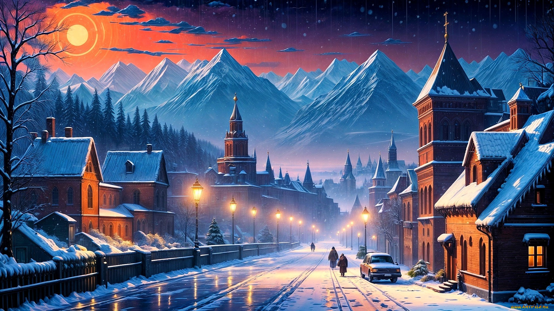 рисованное, города, город, снег, горы, деревья