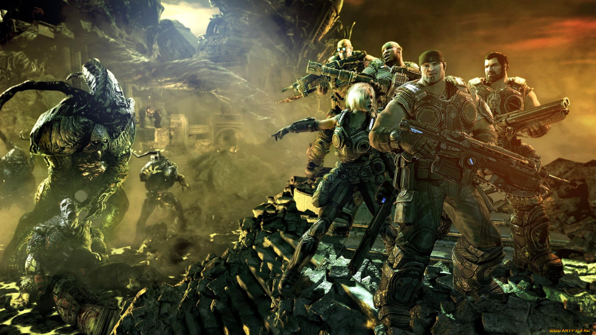 видео, игры, gears, of, war, 3, команда, оружие, монстры, развалины