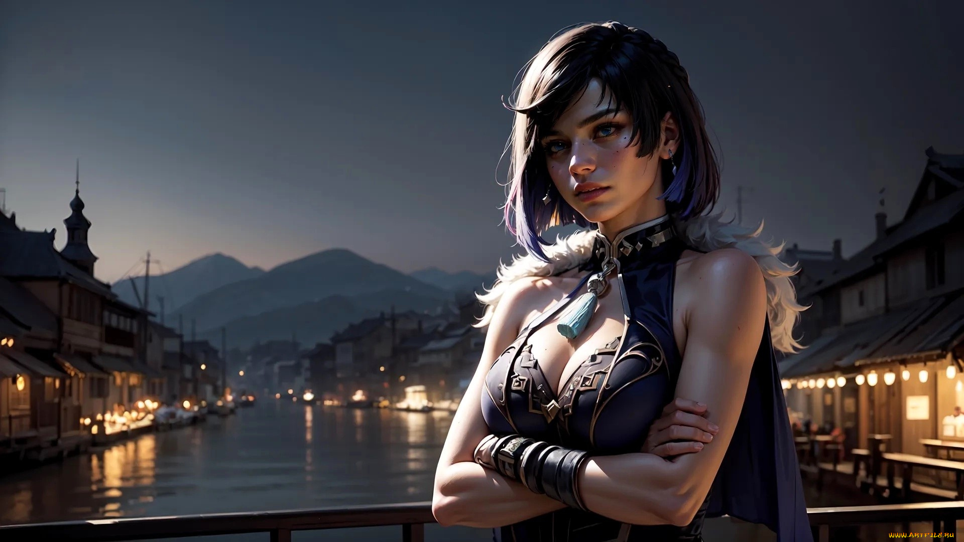 3д, графика, фантазия, , fantasy, девушка, наряд, мост, река, город, дома, горы