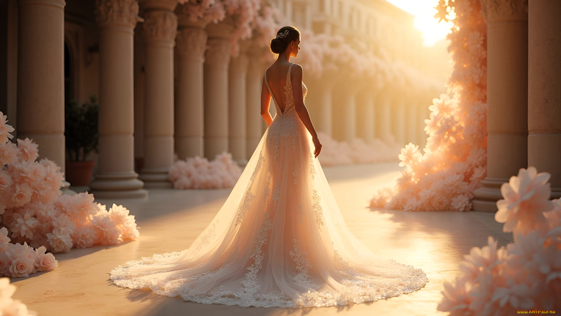 3д, графика, люди, , people, девушка, невеста, колонны, платье, цветы