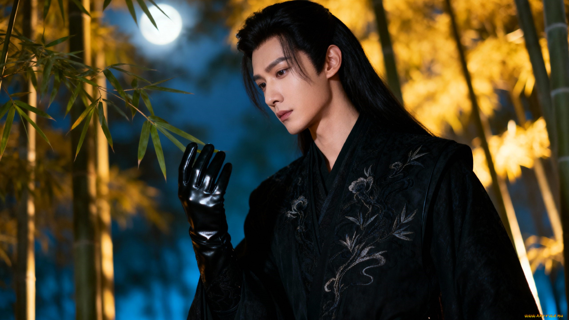 3д, графика, люди, , people, мужчина, наряд, перчатка, луна, лес, бамбук