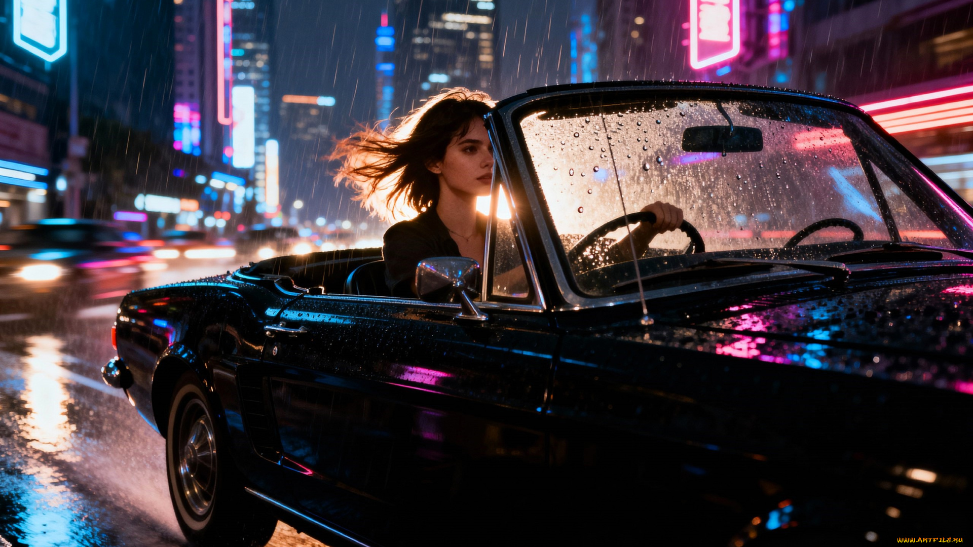 3д, графика, люди-авто, мото, , people-, car, , , moto, девушка, машина, дождь, город, дома