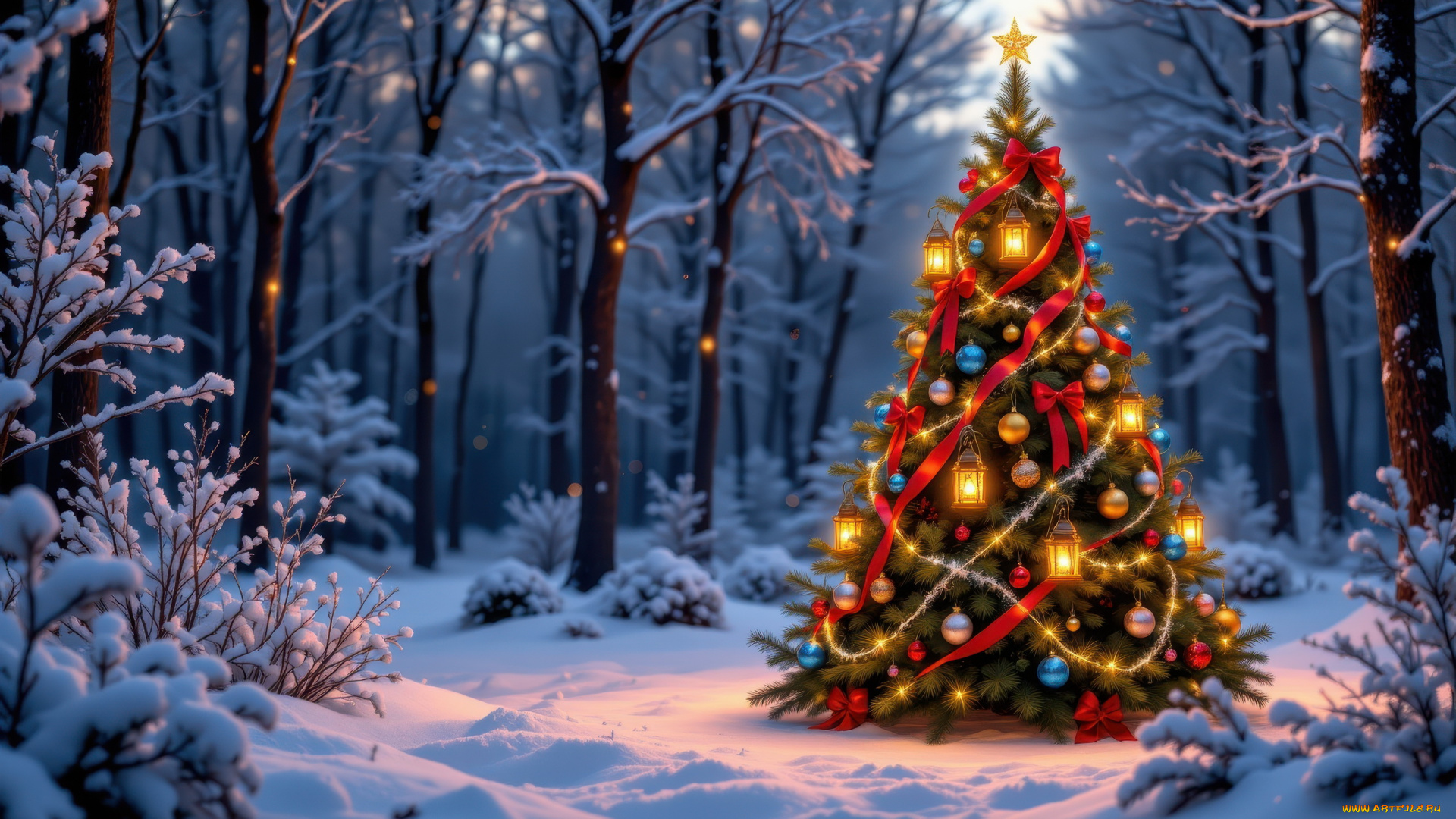 автор, wp, stl, 3д, графика, праздники, , holidays, лес, зима, снег, елка, фонари, шарики