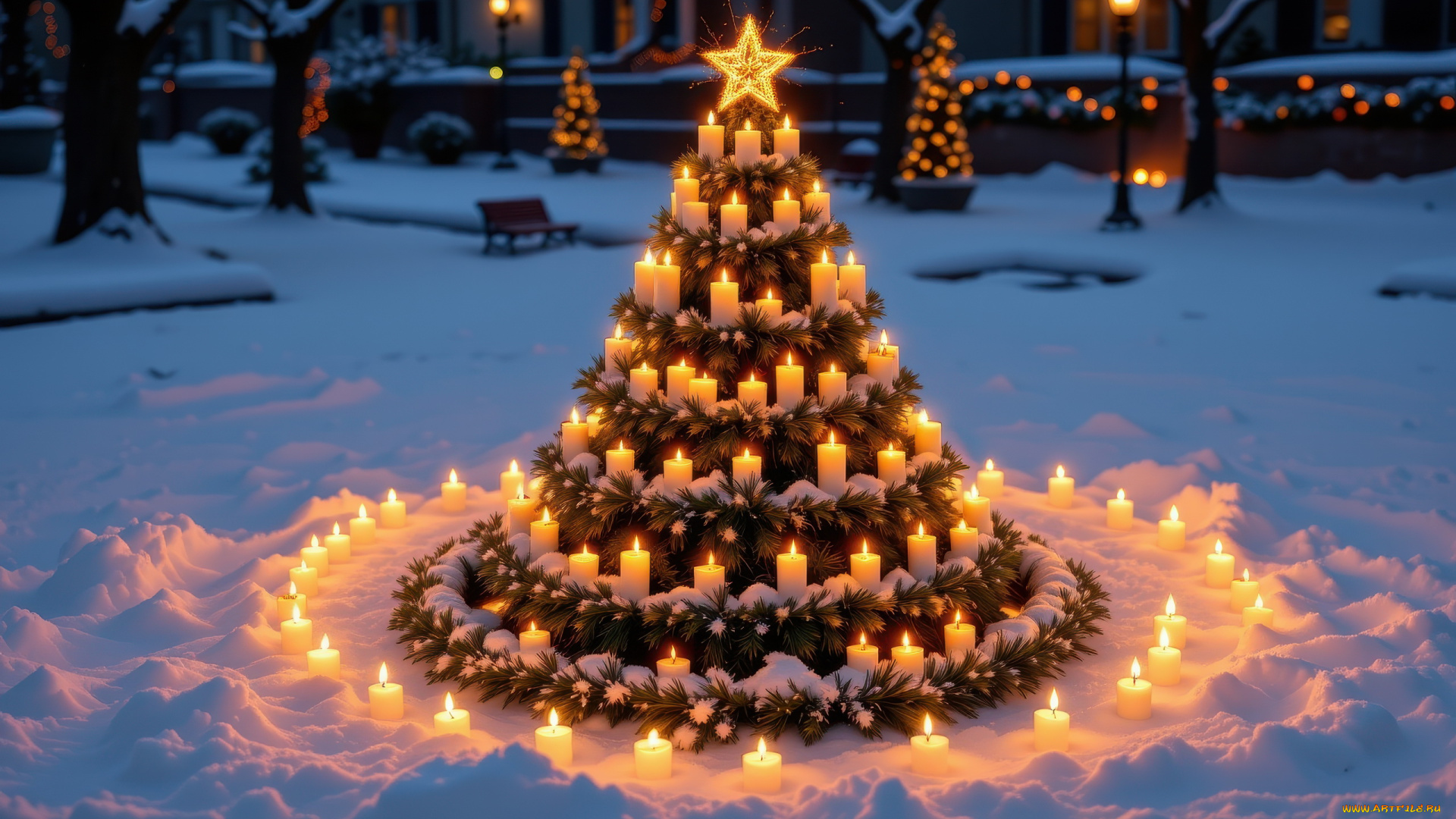 автор, wp, stl, 3д, графика, праздники, , holidays, зима, снег, елка, свечи, звезда