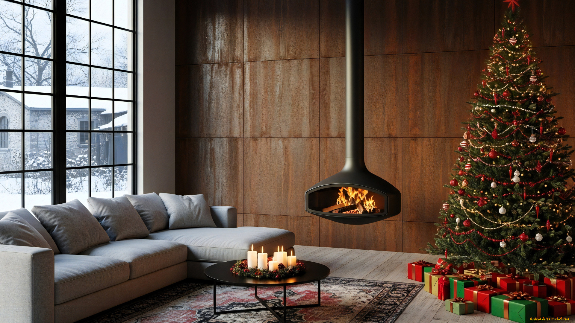 праздничные, -, разное, , новый, год, дома, комната, окно, диван, камин, ёлка, ковер, стол, свечи
