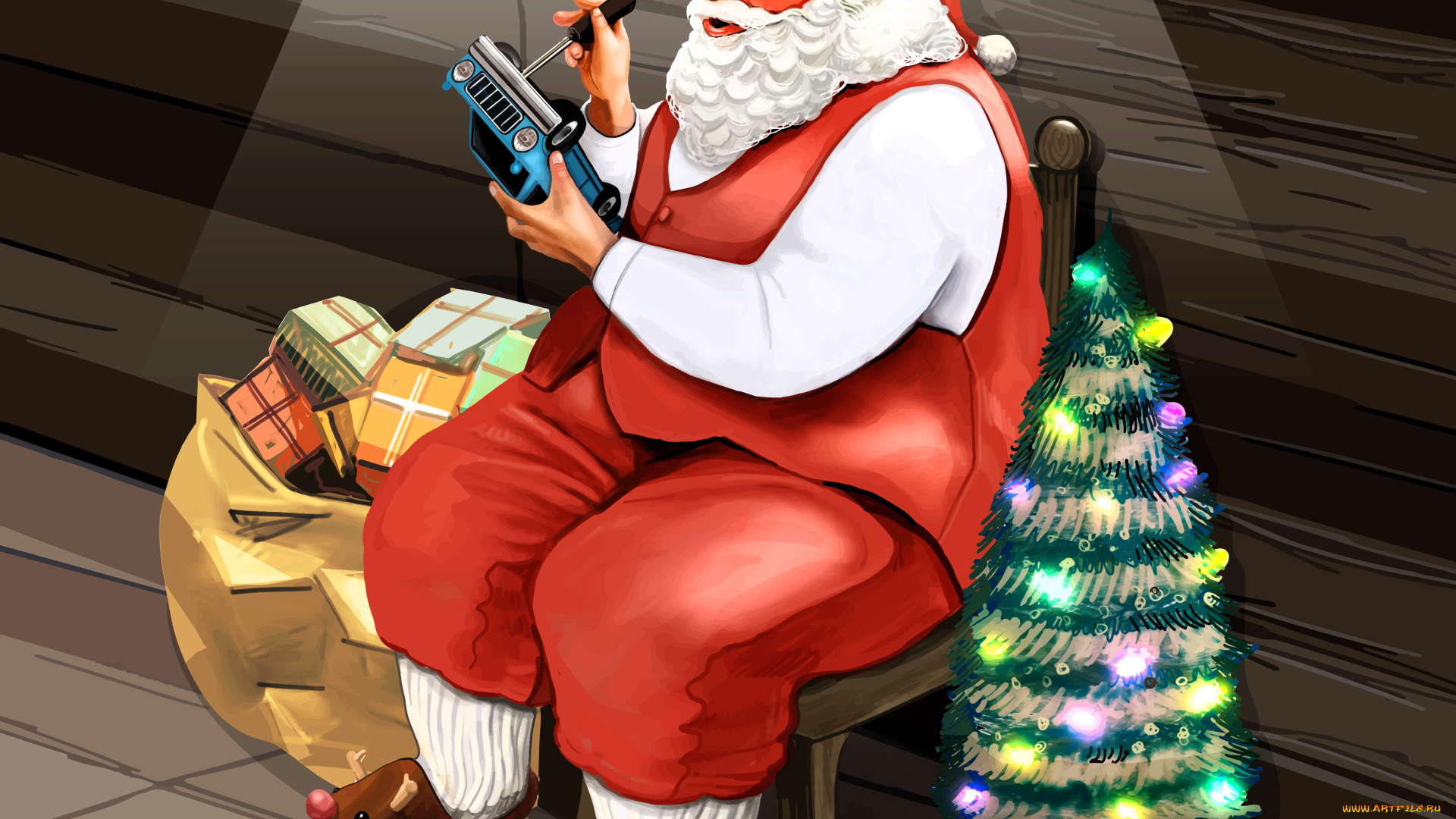 праздничные, дед, мороз, , санта, клаус, дед, мороз, машинка, мешок, подарки, ёлка