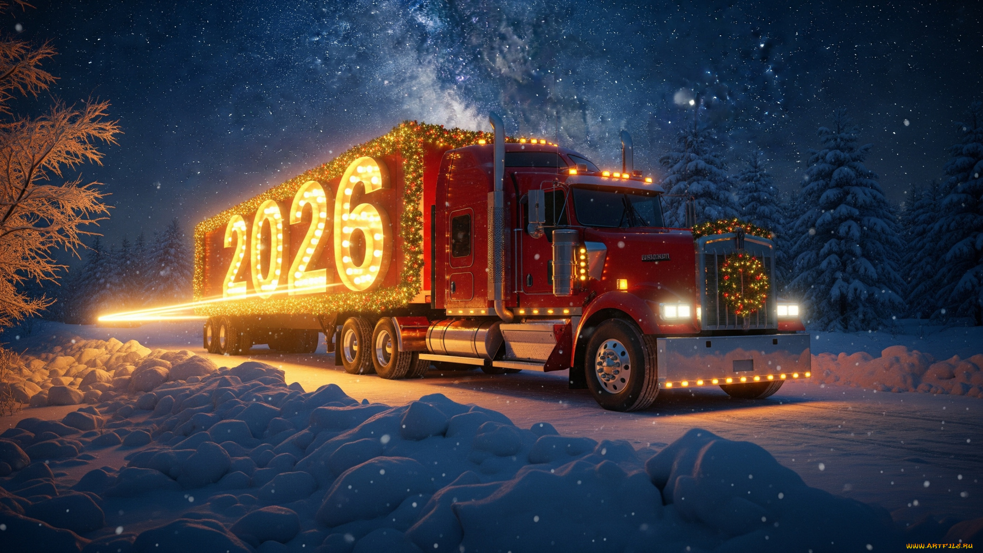 праздник, праздничные, -, разное, , новый, год, зима, дорога, лес, небо, снег, ночь, новый, год, 2026, грузовик
