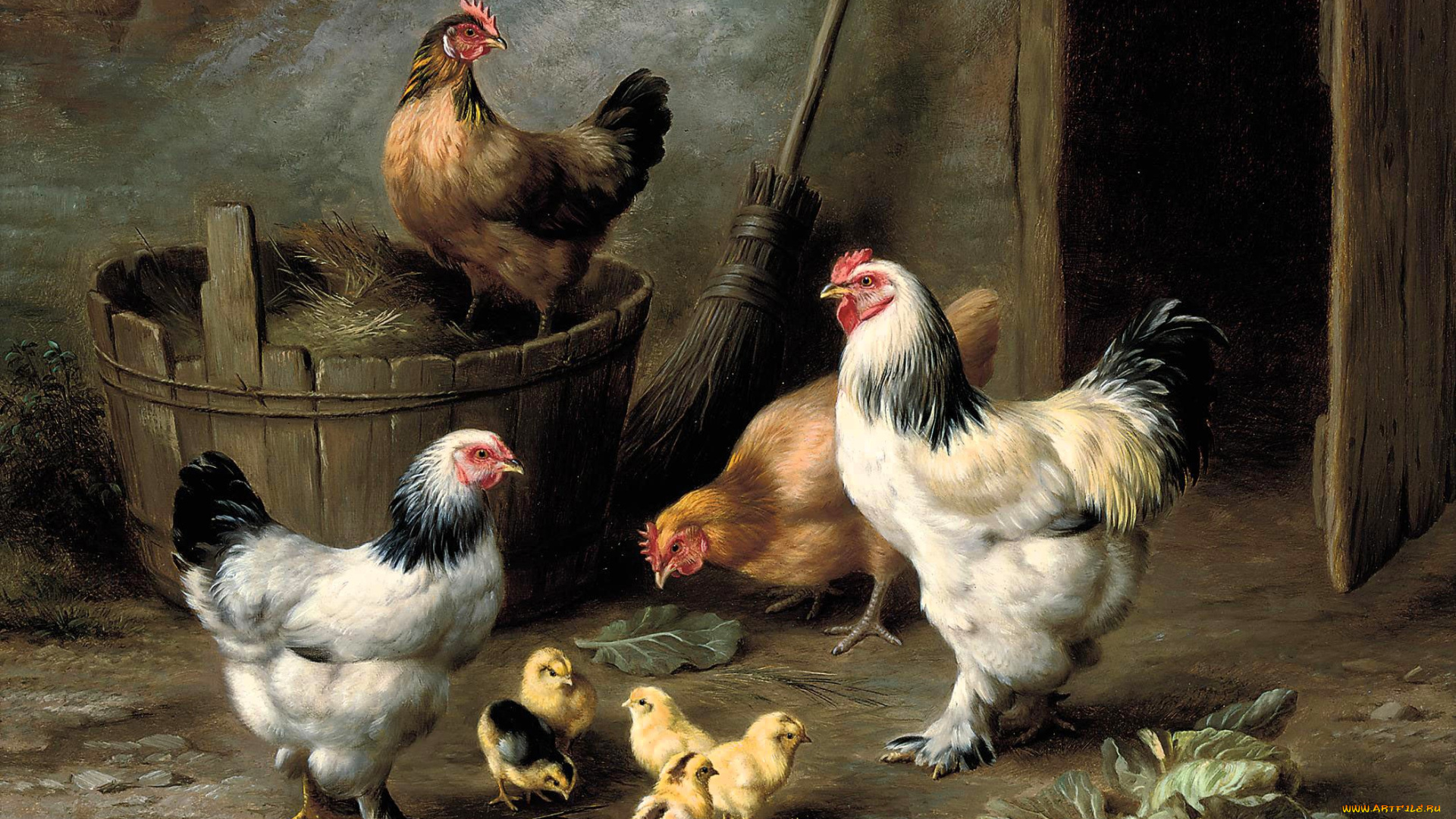 рисованное, edgar, hunt, куры, цыплята, сарай, метла